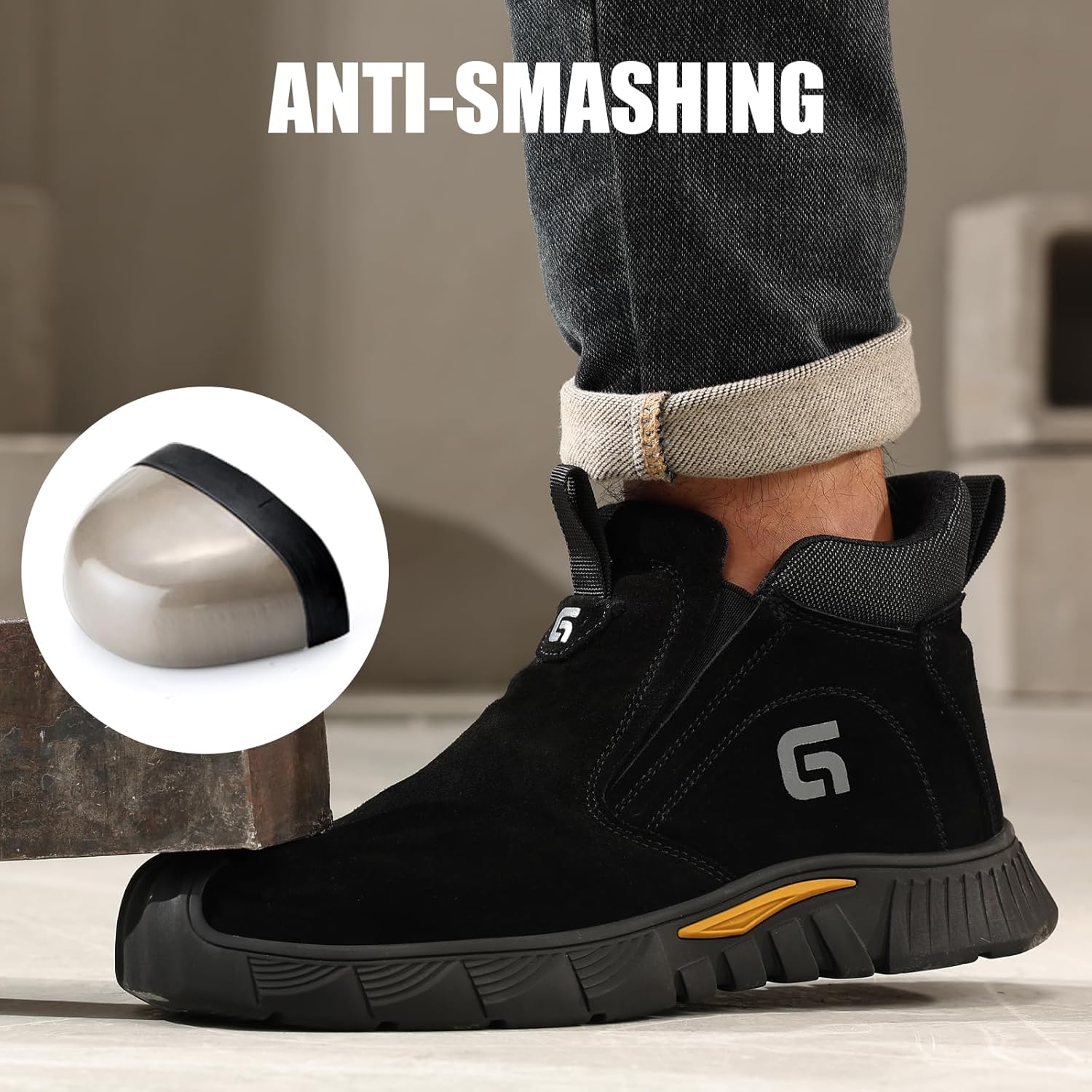 GLANOUDUN Mid Top Steel Toe Shoes Slip On Safety Toe Work Shoes for Men Spark-Resistant Suede Upper, Puncture Resistant Midsole, Laceless Black Protective Safety Footwear for Construction Welding