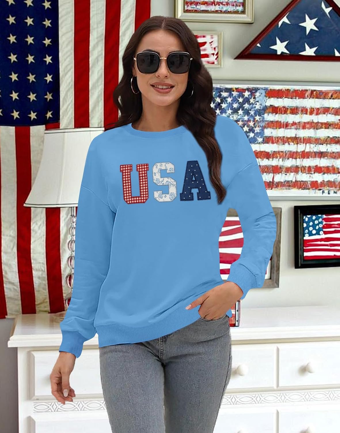 LAZYCHILD USA Sweatshirt Women American Flag Shirt Patriotic TShirt Stars Stripes Pullover 4th of July Tee Tops