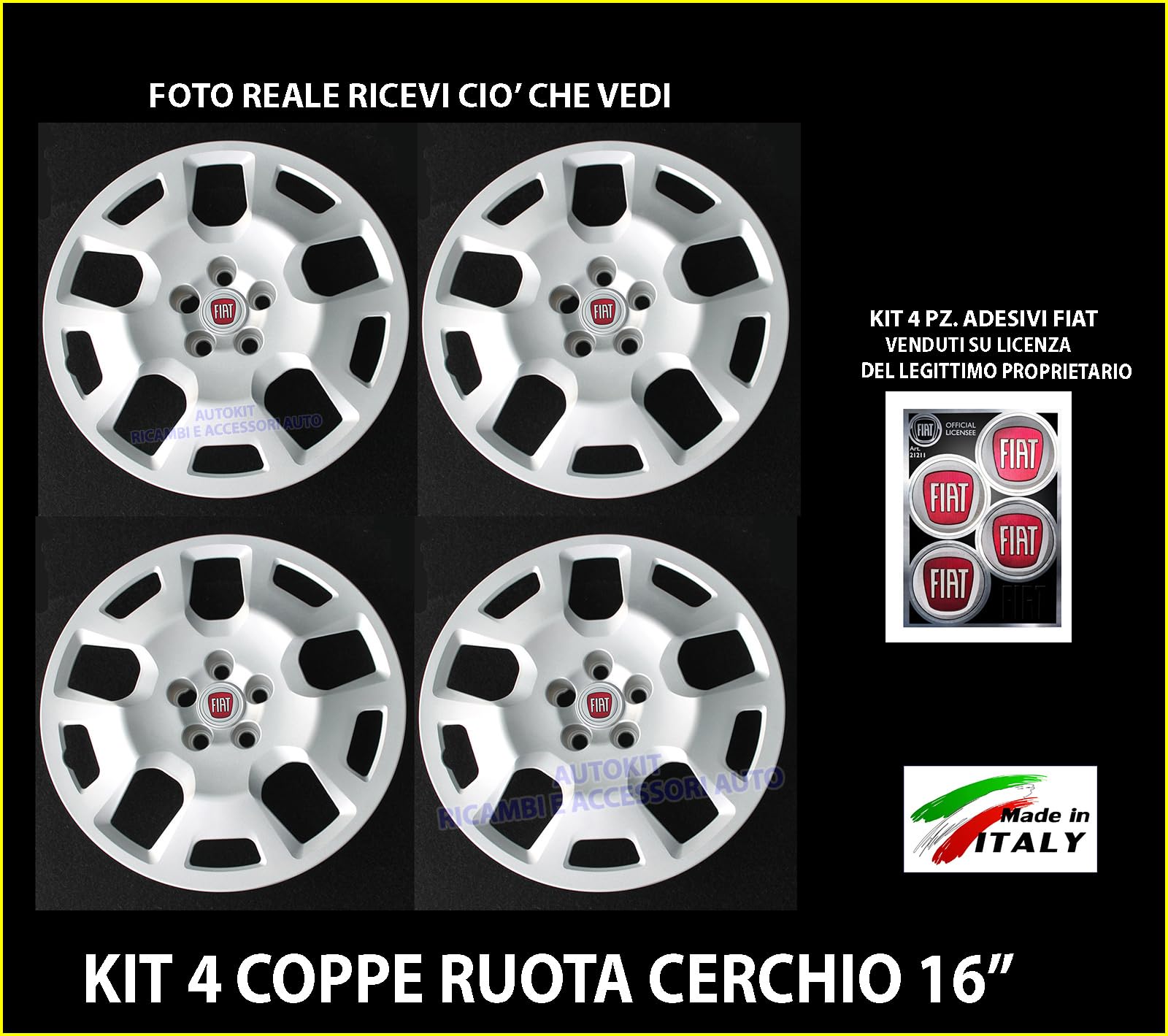 SET 4 COPRICERCHI COPPA RUOTA COPRIRUOTA BORCHIE CERCHIO Diametro 16" Specifiche per DOBLO' prodotte dal 2014 in poi - 774/16-21211