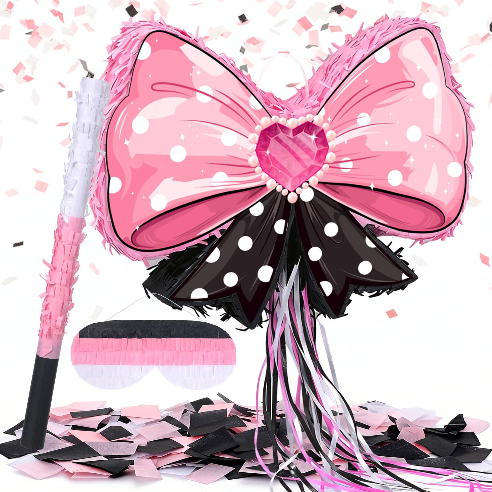 Pink Bow Pinata for Girls Birthday Party Decorations Kids Party Game Supplies with Blindfold Stick Birthday Celebration Wedding Bridal Shower Decor
