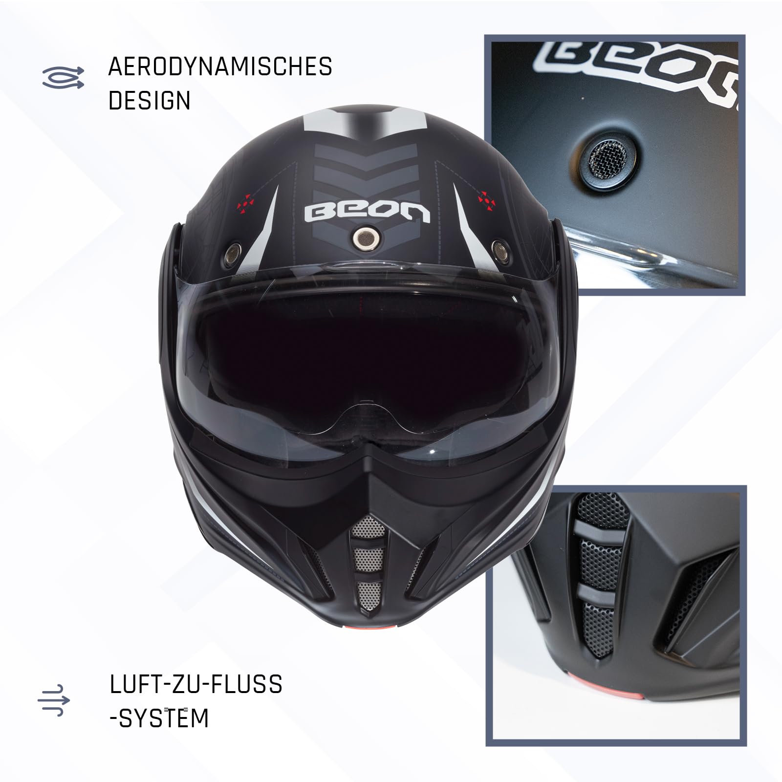 BEON Stratos Motorradhelm - Systemhelm Klapphelme mit Visier und Sonnenblende - Rollerhelm Sonnenblende - Motorrad Helm Damen & Herren - Integralhelm 180° Klappbar - Anti-Kratz-Visier - XL