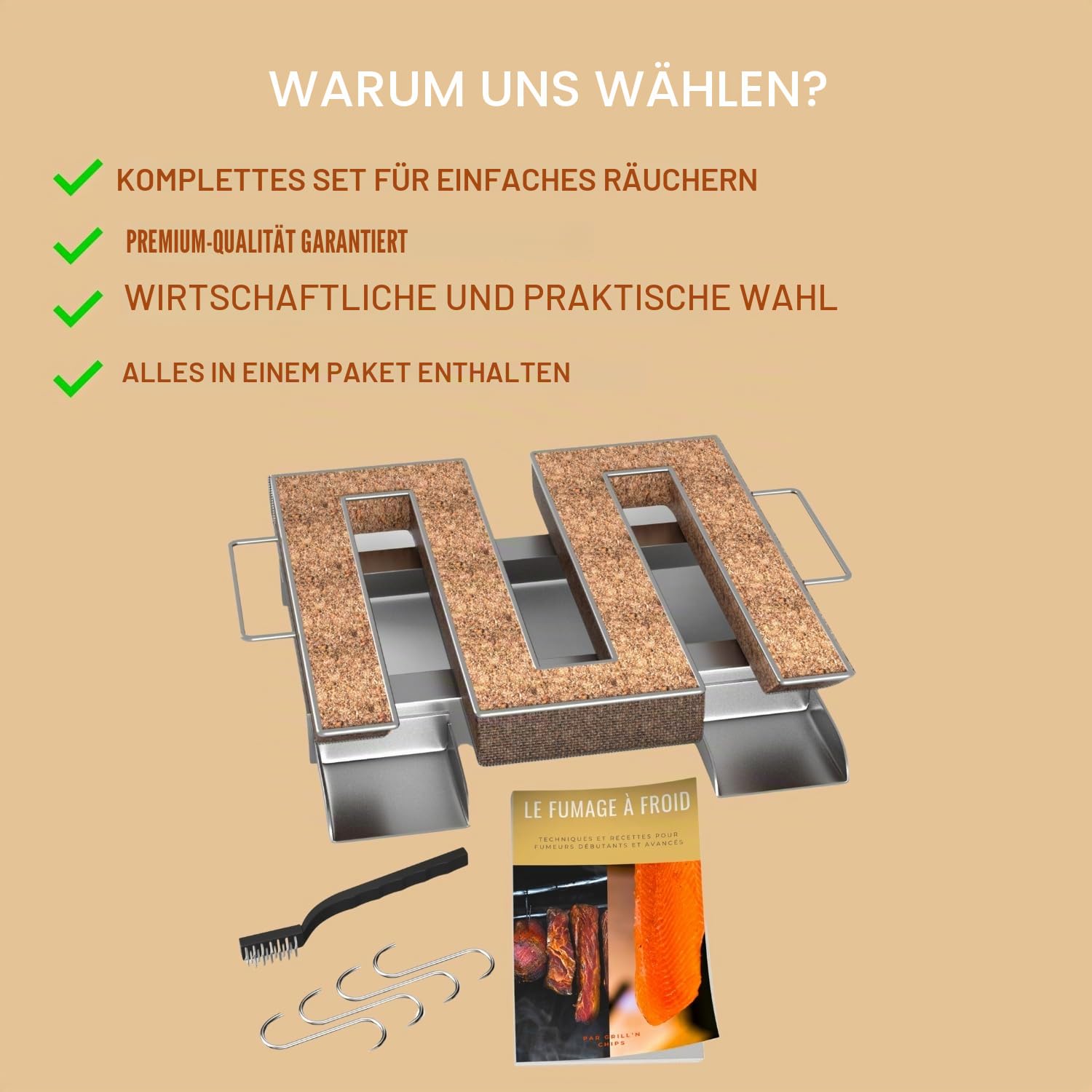 Kaltrauchgenerator/Räucherschnecke für Räucherofen Fleisch und Fisch + 4 Fleischerhaken und 1 Reinigungsbürste - Gratis E-Book