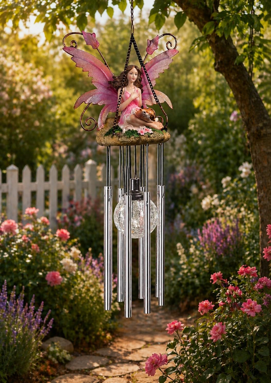 spot on dealz® Wind Chimes Fairy Solar Powered Colour Changing LED Crackle Ball Outdoor Garden Decoration Hanging Windchimes Lighting Ornament Home Decor