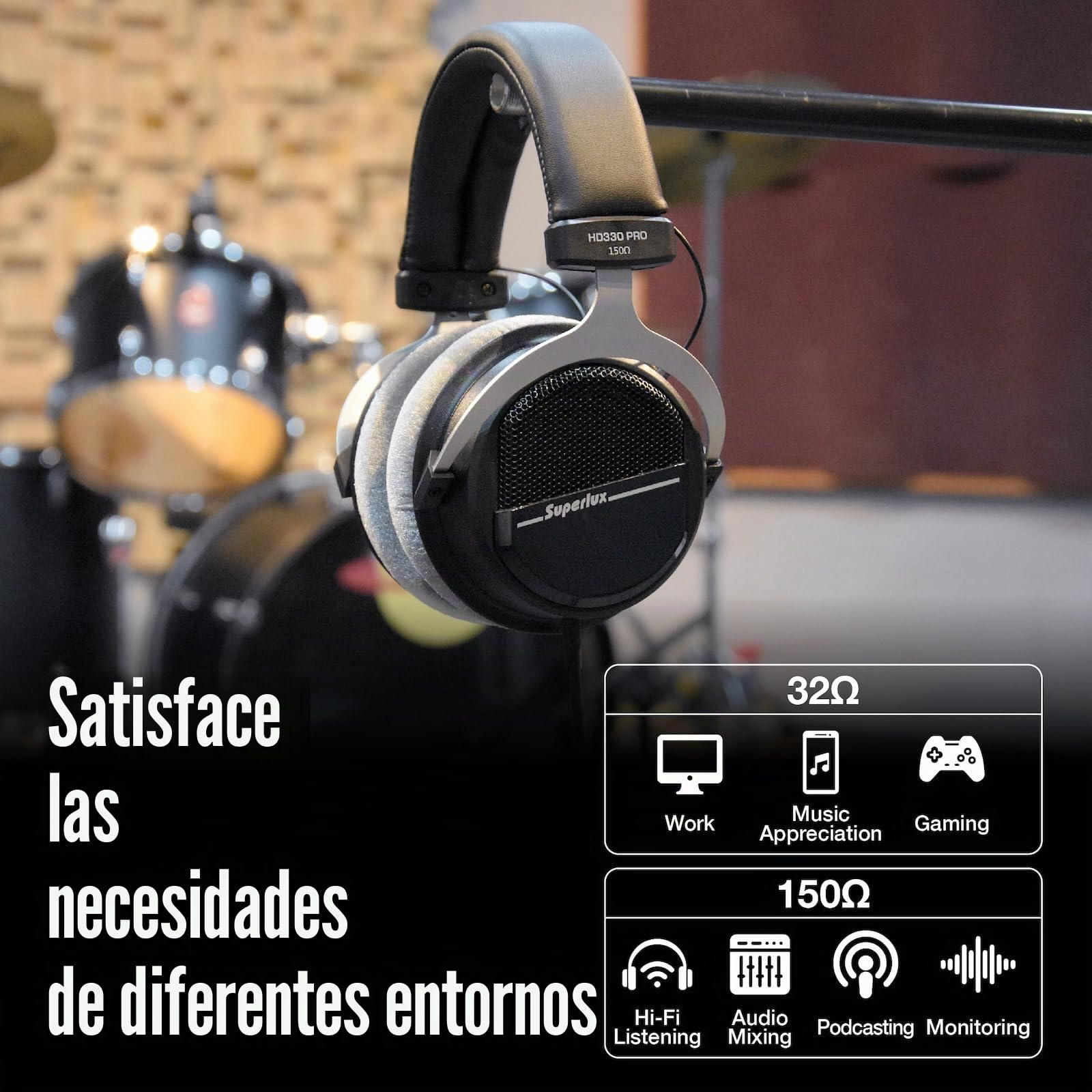 Superlux HD 330PRO, 32 ohmios, auriculares sobre la oreja, auriculares profesionales semiabiertos con cable con controladores de neodimio de 40 mm y graves sólidos, adaptador de conector de 3,5/6,3 mm
