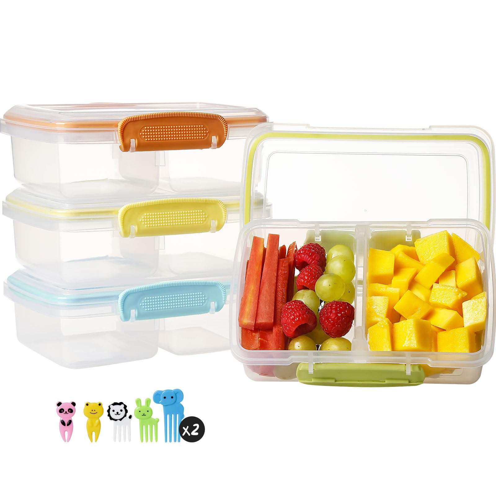 Greentainer Plastic Snack Containers for Kids, 4 Pack Bento Boxs with 2 Compartments Travel Snack Container Sandwiches/Fruits/Candies Food Storage Containers BPA Free Dishwasher Safe-Yellow