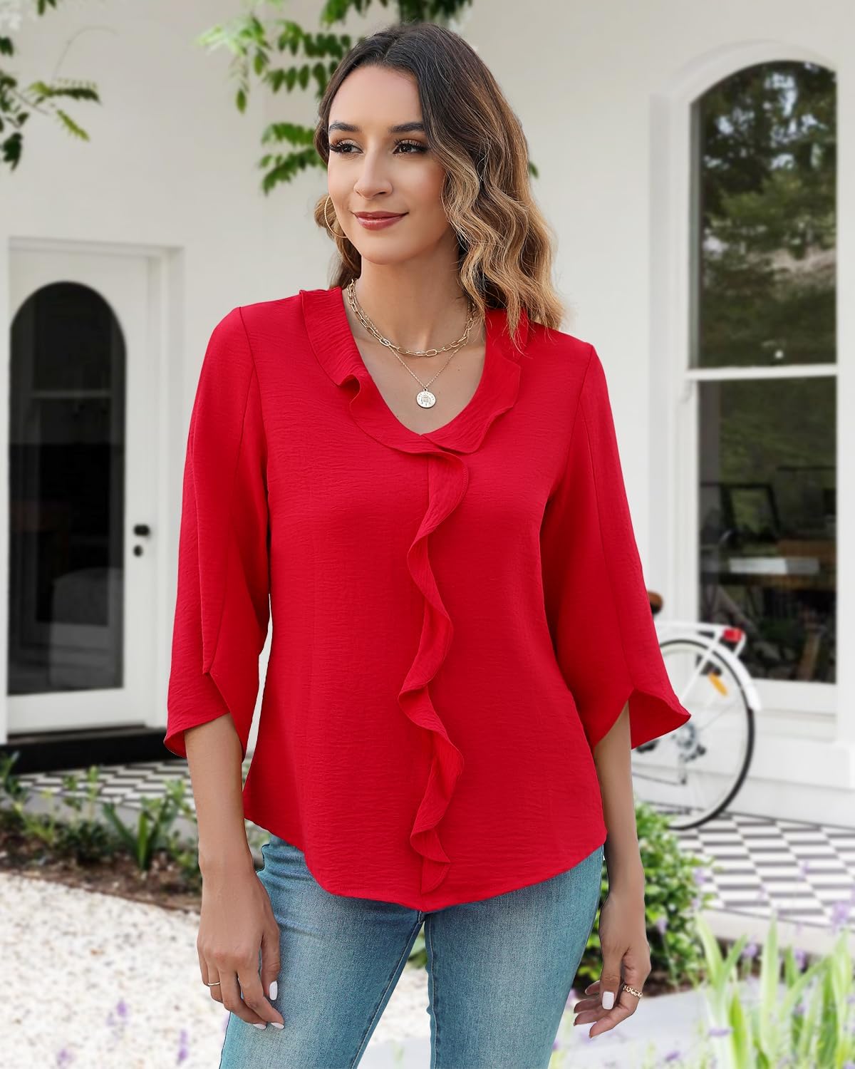 MIRALUNA Womens 3/4 Length Sleeve Tops Blouses V Neck Cute Ruffle Dressy Casual Business Work Shirts - Image 2