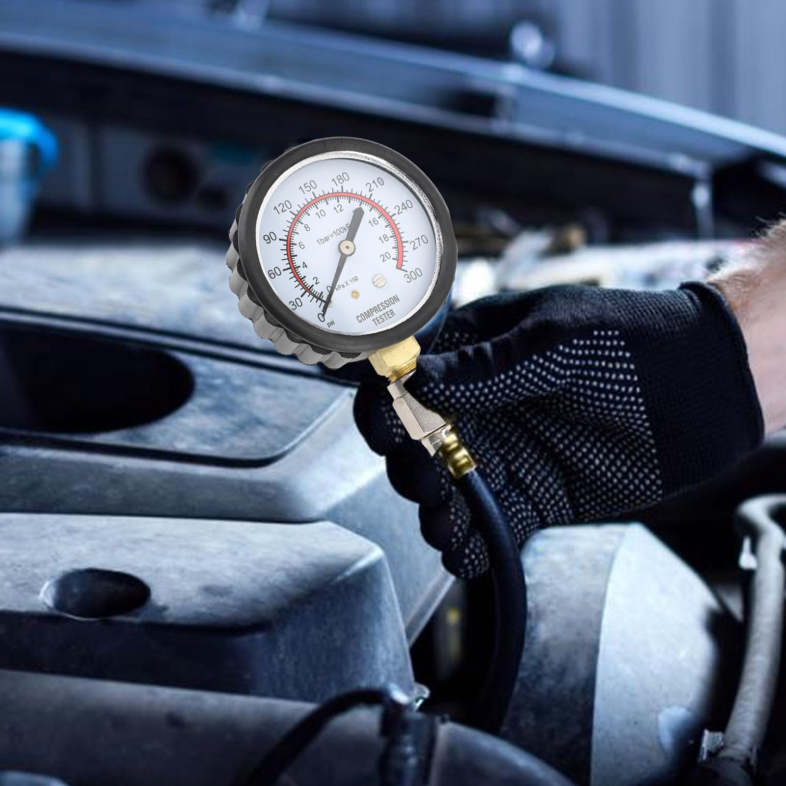 Dilwe Kit de Probador de Compresión de Cilindro de Motor de Gasolina, Kit de Probador de Compresión de Motor de Goma Metálica, Calibre de 0 a 300 Psi, 5 Adaptadores, Válvula de Retención de Presión