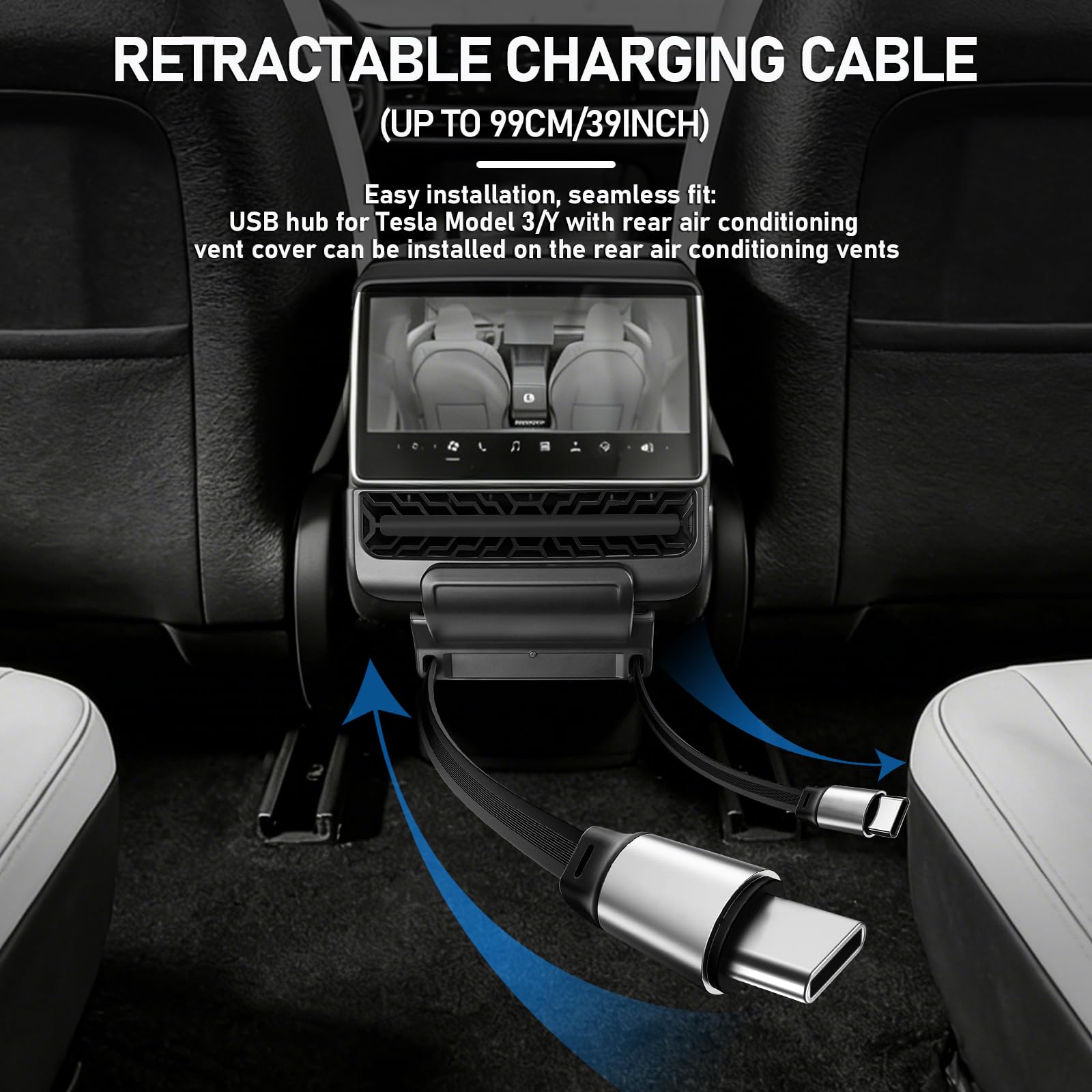 Hub de carga USB trasero para Tesla Model Y Juniper 2025, 2026, accesorios - Hub de carga rápida de 4 puertos con cubierta deslizante, 2 estaciones de acoplamiento tipo C para Tesla Model