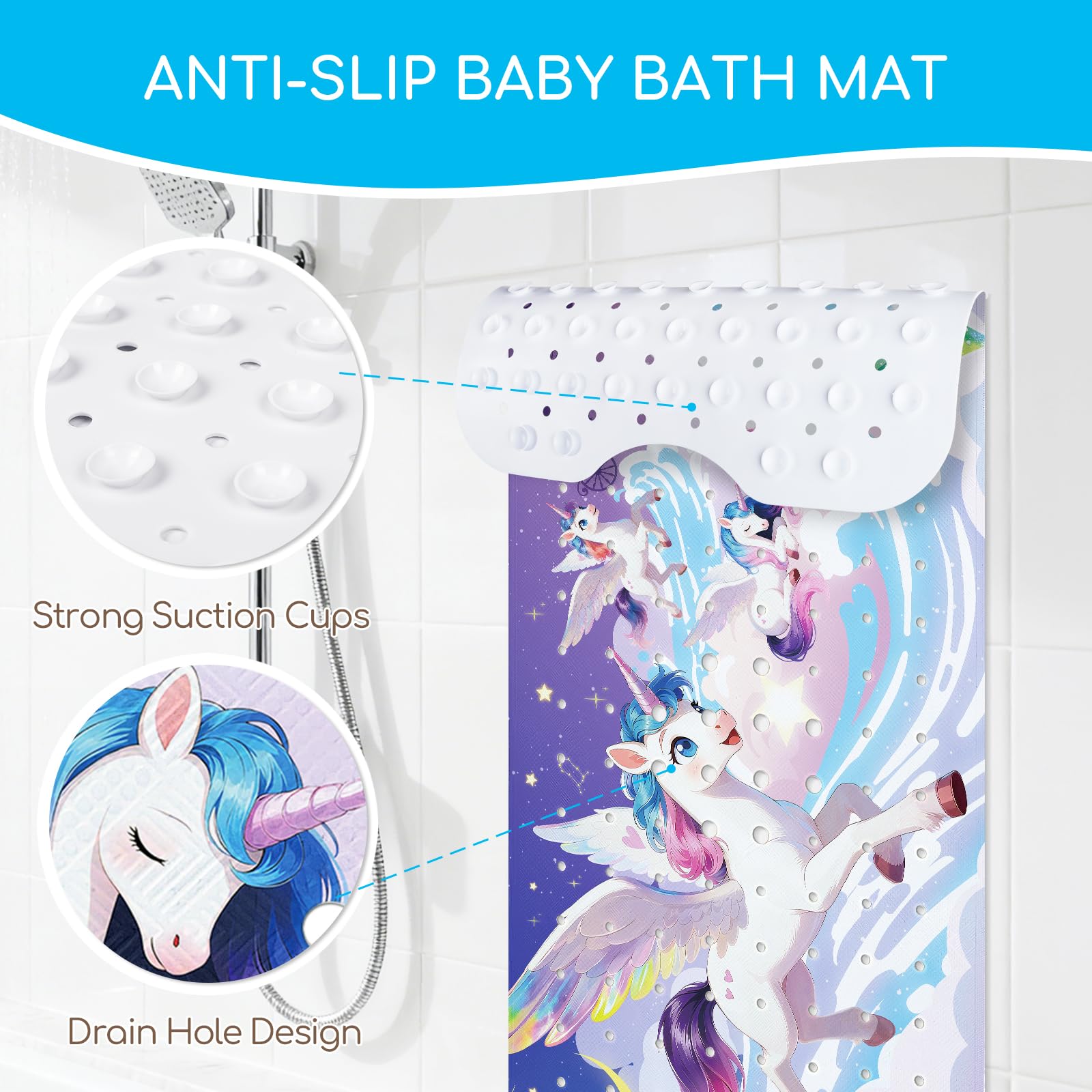 Tappeto Tappetino Doccia Antiscivolo Vasca Antiscivolo da Doccia Bagno per Bambino Bambini 100x40cm, con 200 Ventose, Senza BPA e Lavabile in Lavatrice - Unicorno