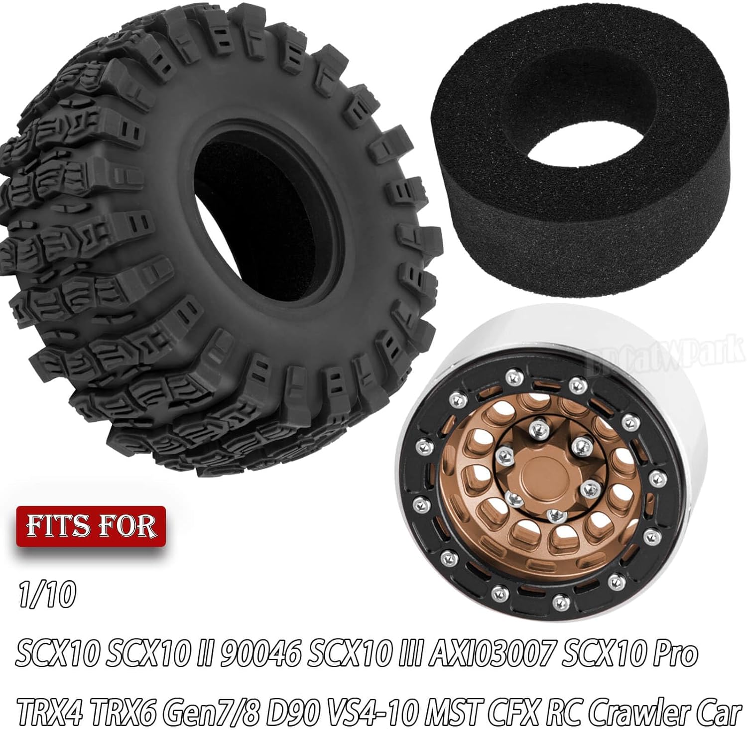 RC 1.9 Beadlock Rims & Wheels Tires w/Adjustable Offset for 1/10 SCX10 TRX4 TRX6 Gen7/8 D90 VS4-10 MST CFX RC Crawler Car,BRCatWPark 4pcs Aluminum Double Rims and Rubber Tires w/Sponge,Brown
