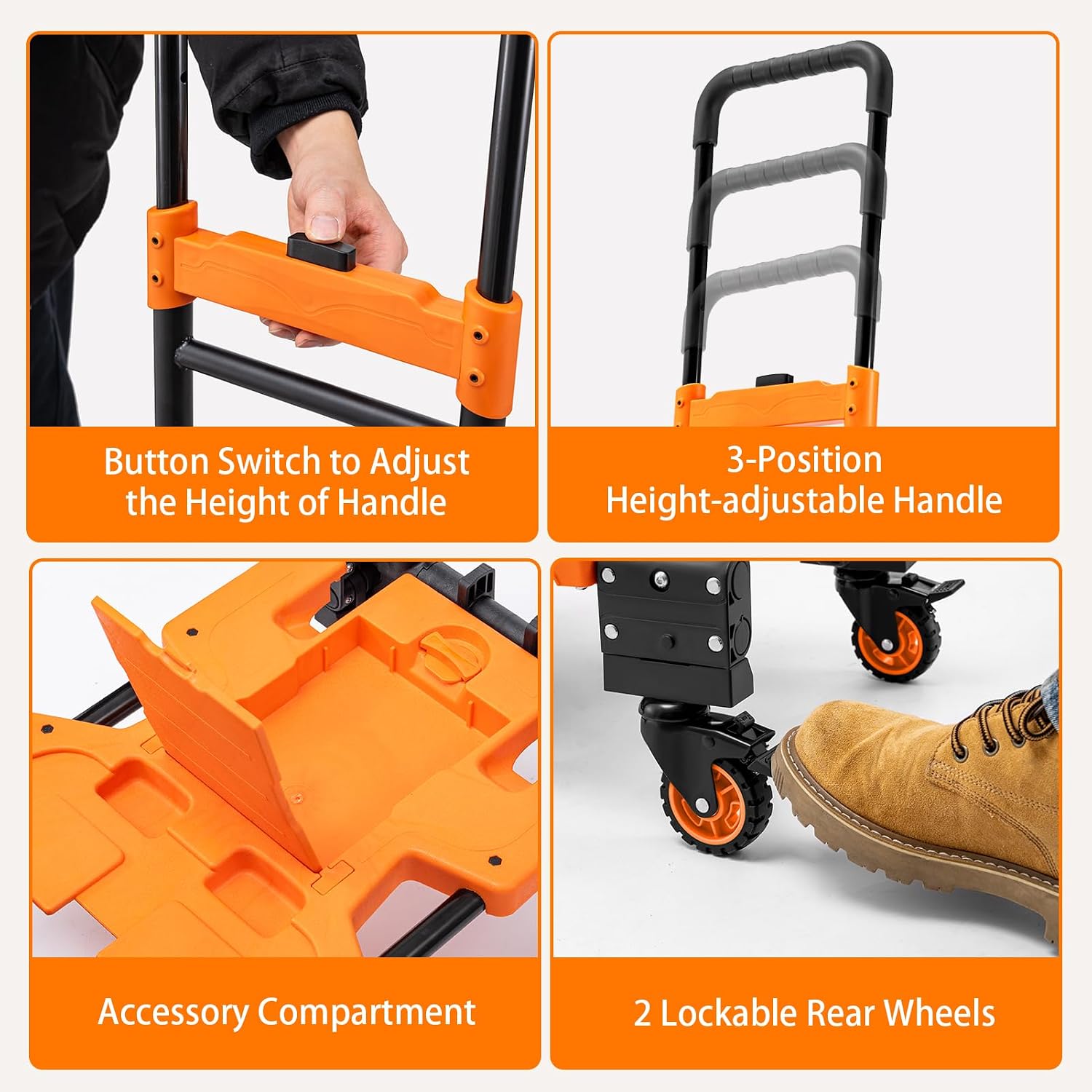 2 in 1 Folding Hand Truck with Collapsible Crate, 400 LBS Capacity Dolly Cart with Wheels, Hand Truck Dolly with 3-Position Height-Adjustable Handle, 59″ Bungee Cord with Hooks is Included