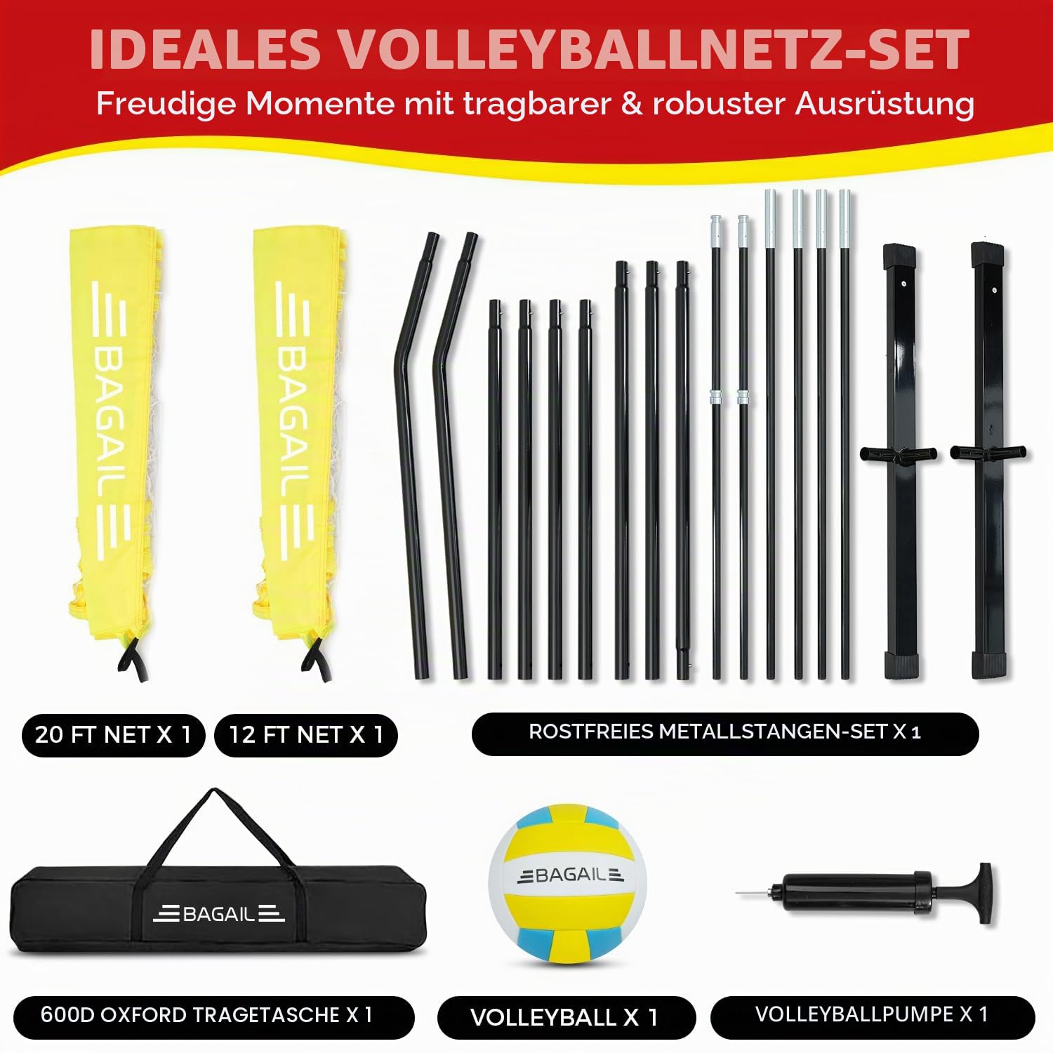BAGAIL Volleyballnetz, 3.6m/6.1m Volleyballnetz für den Garten - Verstellbare Höhe, Heavy-Duty-Rahmen, Freistehendes Design - Tragbares Outdoor/Indoor-Volleyball-Set mit Tragetasche