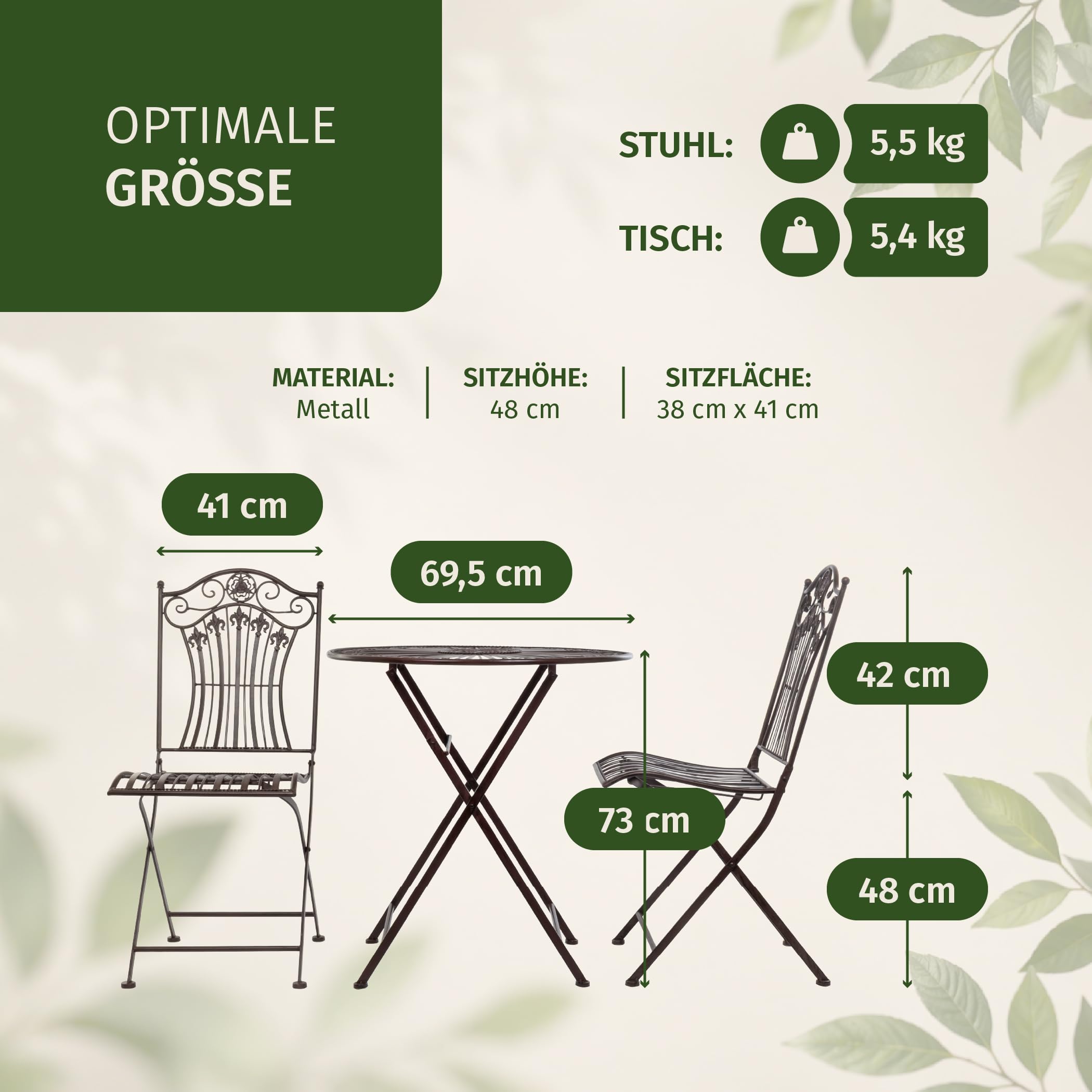 Moritz Bistroset 3-teilig klappbar Antik Braun - Metall Gartenmöbel Set - Klapptisch Ø 69,5 cm mit 2 Klappstühlen - Vintage Bistrogarnitur - Balkon Terrasse Garten Sitzgruppe nostalgisch