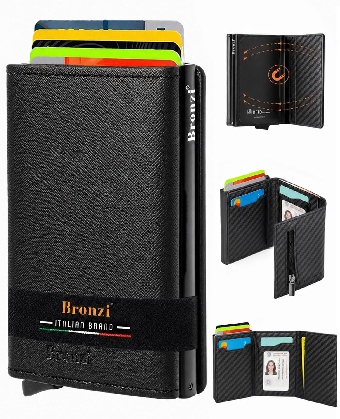 Bronzi Portafoglio Porta Carte Credito - Portafoglio Uomo Slim Portacarte uomo - Mini Porta Tessere - Protezione RFID - Design Smart Italiano Scatola Regalo inculsa (Nero Saffiano ZIP)