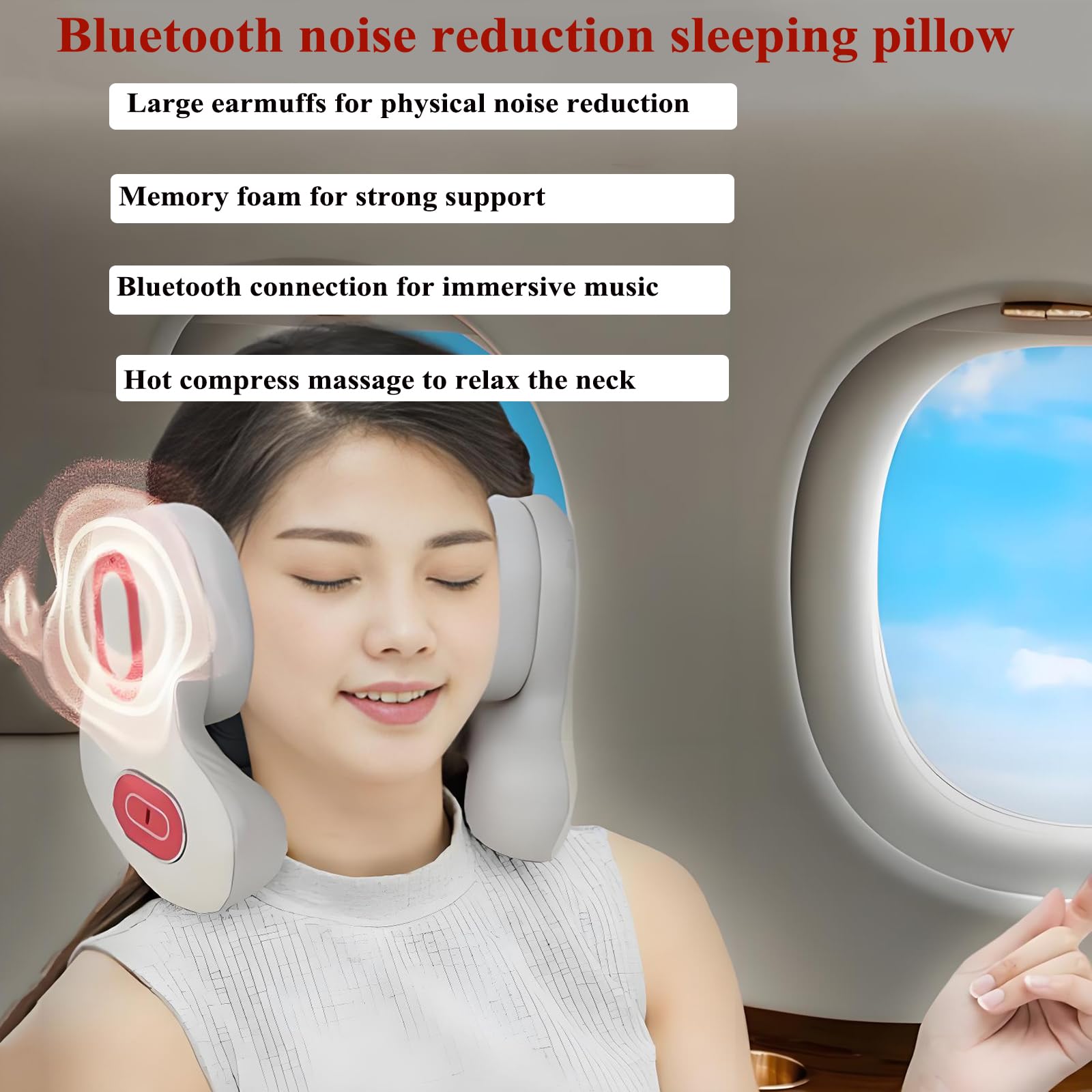 Poduszka Podróżna Bluetooth Z Redukcją Szumów, Ergonomiczna Poduszka Samolotowa Z Pianki Memory Z Głośnikiem,regulowany 4-stopniowy Masaż I 3stopniowy Gorący Kompres,głęboka Izolacja Akustyczna