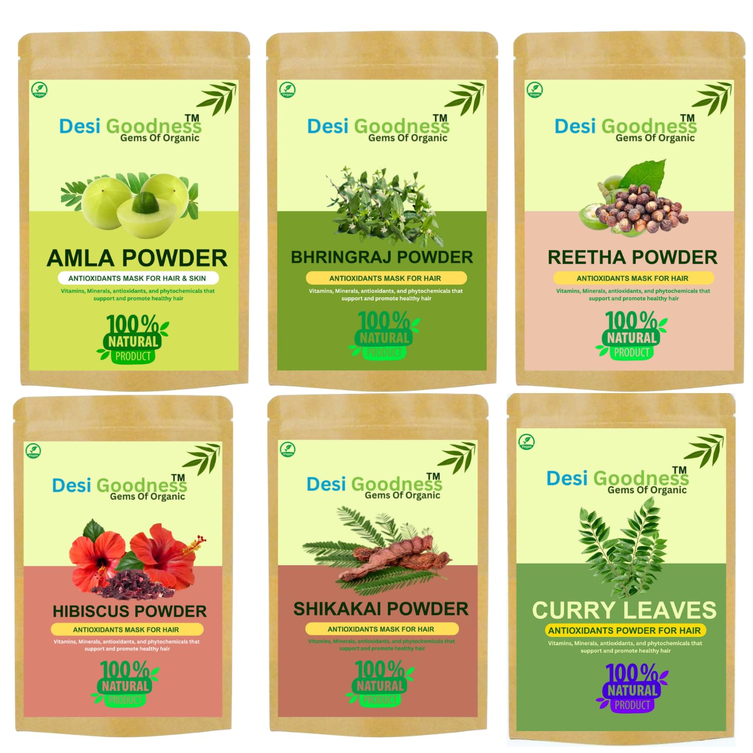 Desi Goodness Natural Hair Care Powder Set, Amla, Reetha, Shikakai, Bhringraj, Hibiscus, Curry Leaves, 50g Each,Hair Packs & Masks - 100% Pure & Natural-image-44