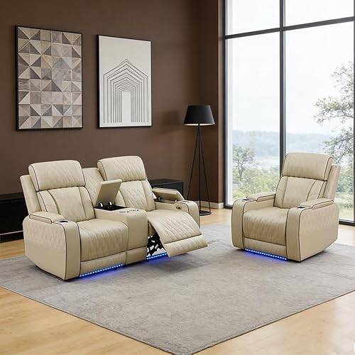 Miniatura 48 de Juego de sofá reclinable eléctrico para sala de estar, juego de sofá reclinable de cuero con luces LED, puertos USB, almacenamiento oculto, juego de