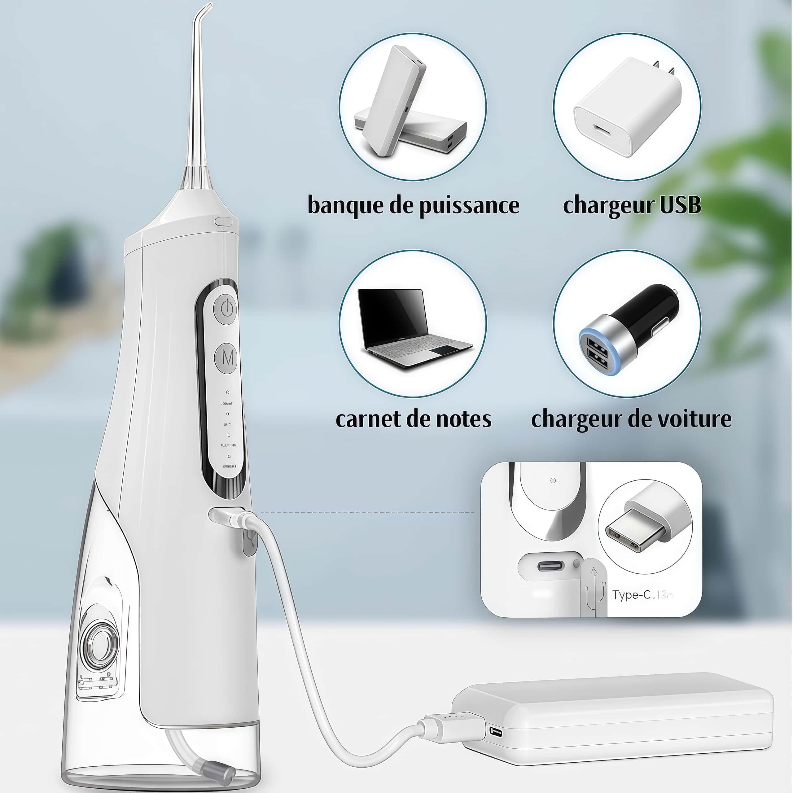 Oryzon Hydropulseur sans fil pour un soin dentaire & buccal optimal – Réservoir 310 ml et étanchéité IPX7 pour une utilisation sûre sous la douche (Blanc)