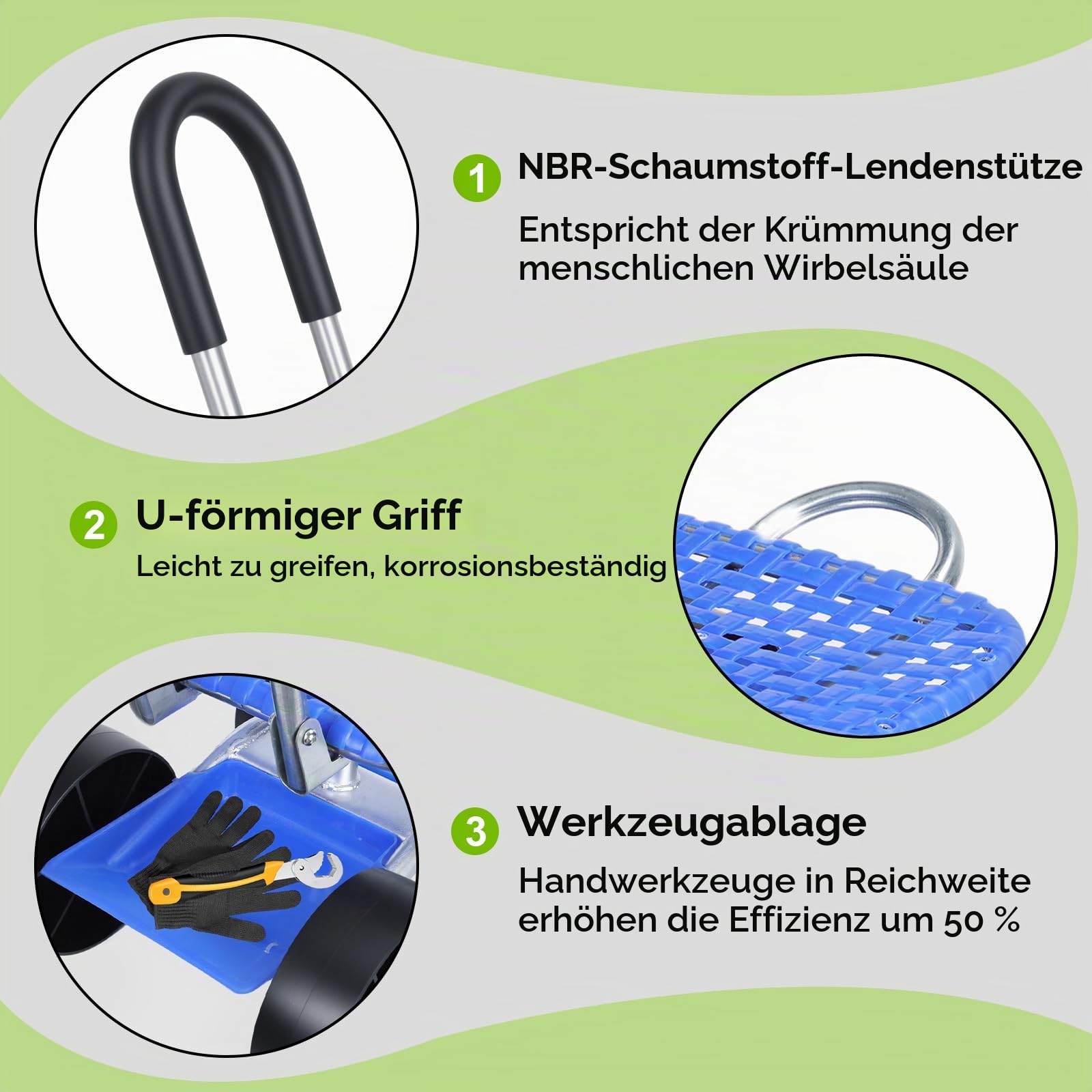 Gartensitz mit Rollen, Garten Rollsitz, 360° Drehbar | Höhenverstellbar, Mobiler Gartenhocker für Gartenarbeit, Rollbarer Gartenwagen mit Griff und Ablagefach, Gartenarbeitssitz bis 150 kg