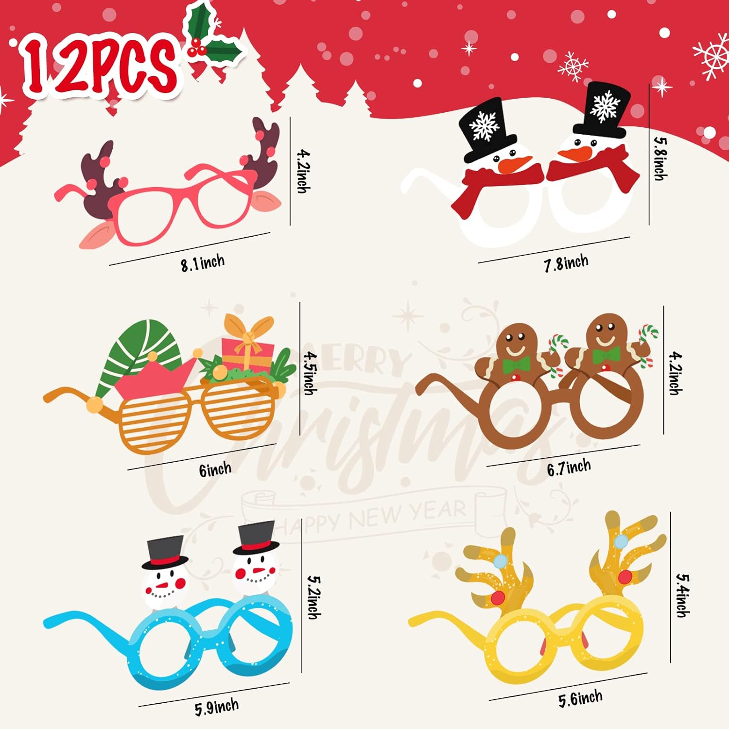 BigOtters Christmas Paper Eyeglasses, Christmas Party Glasses Bulk Frame Costume for Adults and Kids Party Favors Photo Booth, 12PCS