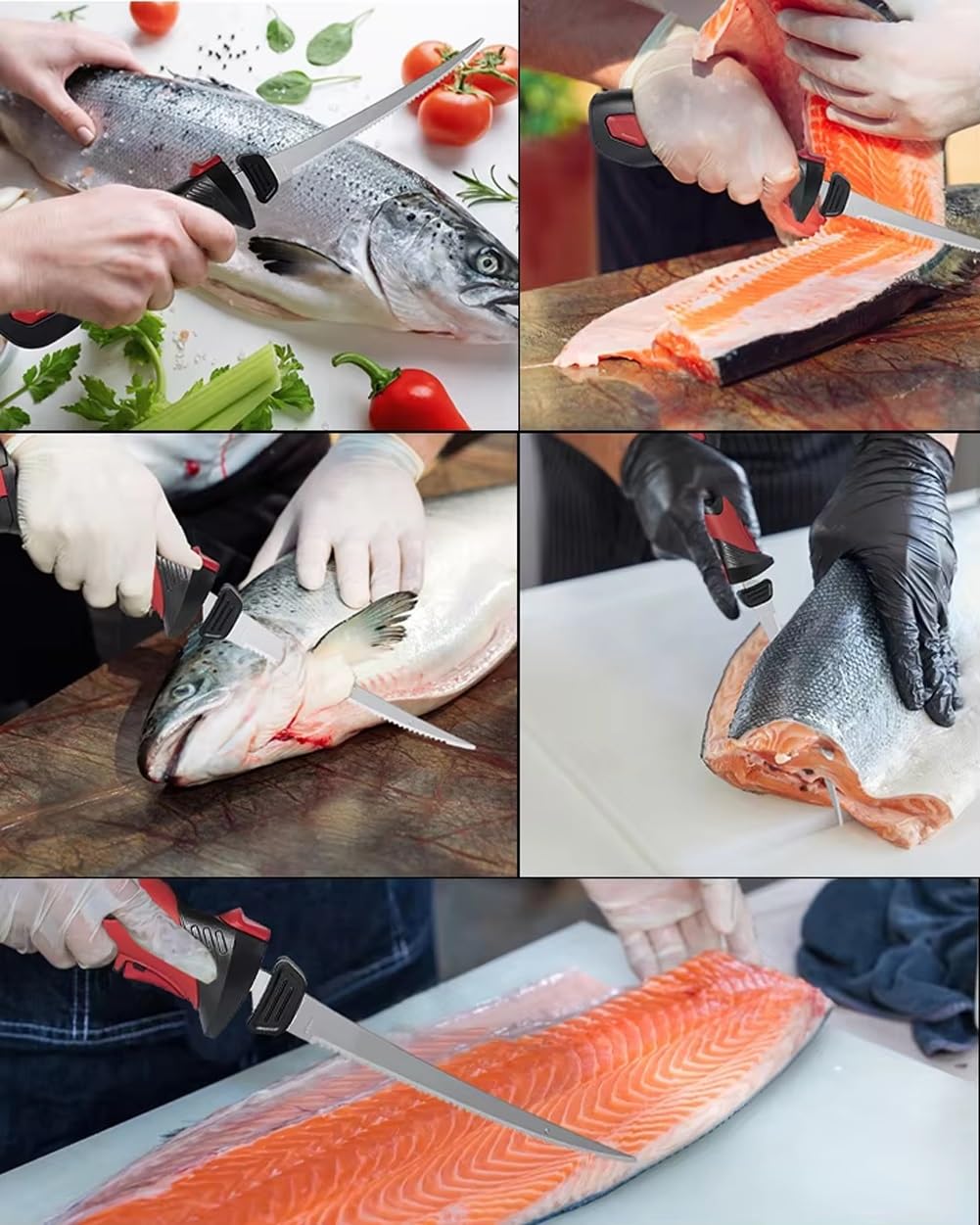 Cuchillo eléctrico inalámbrico for filetear pescado, cuchillo de pesca inalámbrico y recargable con 4 hojas recubiertas de titanio, 2 pilas, mango antideslizante y cierre de seguridad, for carne y pan
