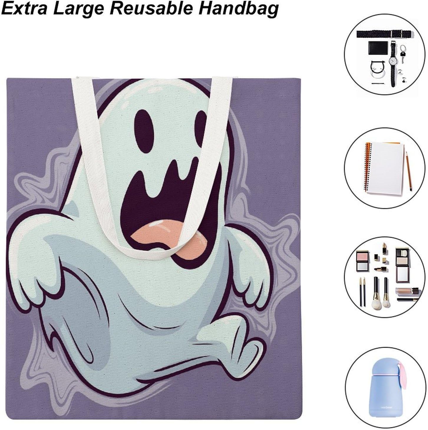 Cartoon Ghost Canvas Tote Bag Reusable Grocery Bags Foldable Soft Cotton Shoulder Carry Bag