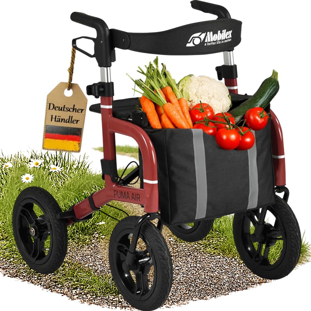 FabaCare Outdoor-Rollator Puma Air rot mit Luftbereifung | Leichtgewichtrollator faltbar bis 150 kg mit Tasche, Rückengurt, Stockhalter, Getränkehalter & Feststellbremse