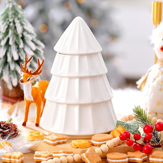 Roowest Ceramic Christmas Cookie Jar 10 x 7 Inch Neutral Christmas Tree Ceramic Cookie Jar Xmas Holiday Farmhouse Decor with Lid Bowl Food Storage Container for Xmas Festival Holiday Party Gift