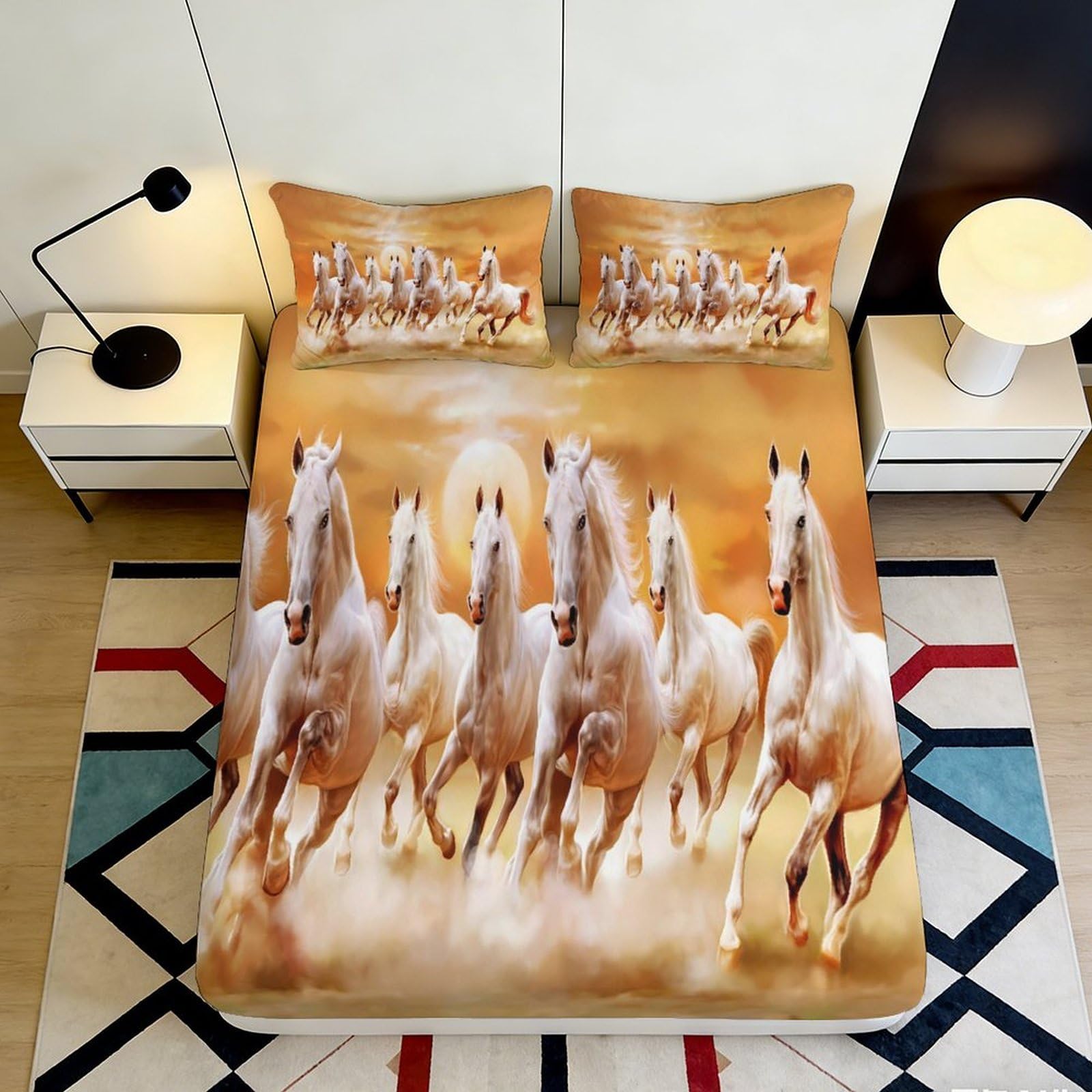 3D Printed Galloping Horses Fitted Sheet Microfiber Bedroom Decor Wild Stallion Mattress Cover for Adult Youth Home 90x200x25cm