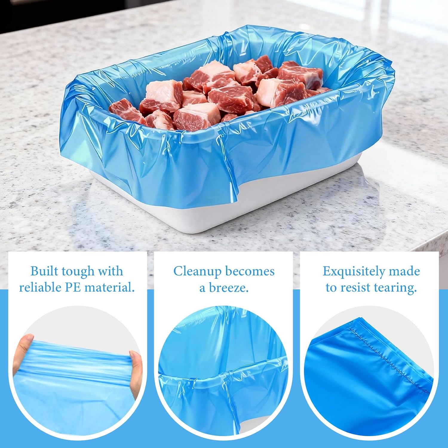 60pcs Disposable Meat Lug Liners,Plastic Liners, 21" x 22" (Blue)