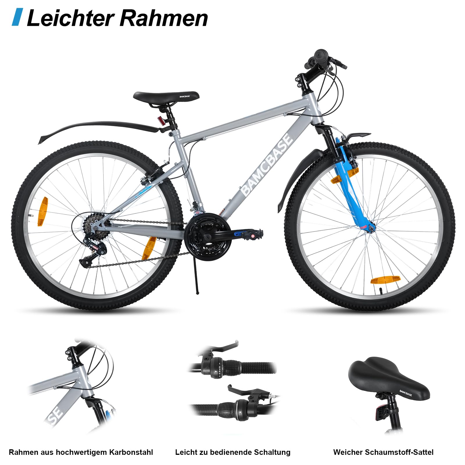HILAND 26 27,5 29 Zoll Mountainbike, V-Bremsen, Herren und Damen Fahrrad mit 18-Gang, Mountainbike für Erwachsene, MTB für Männer Frauen, Schwarz/Blau/Grau