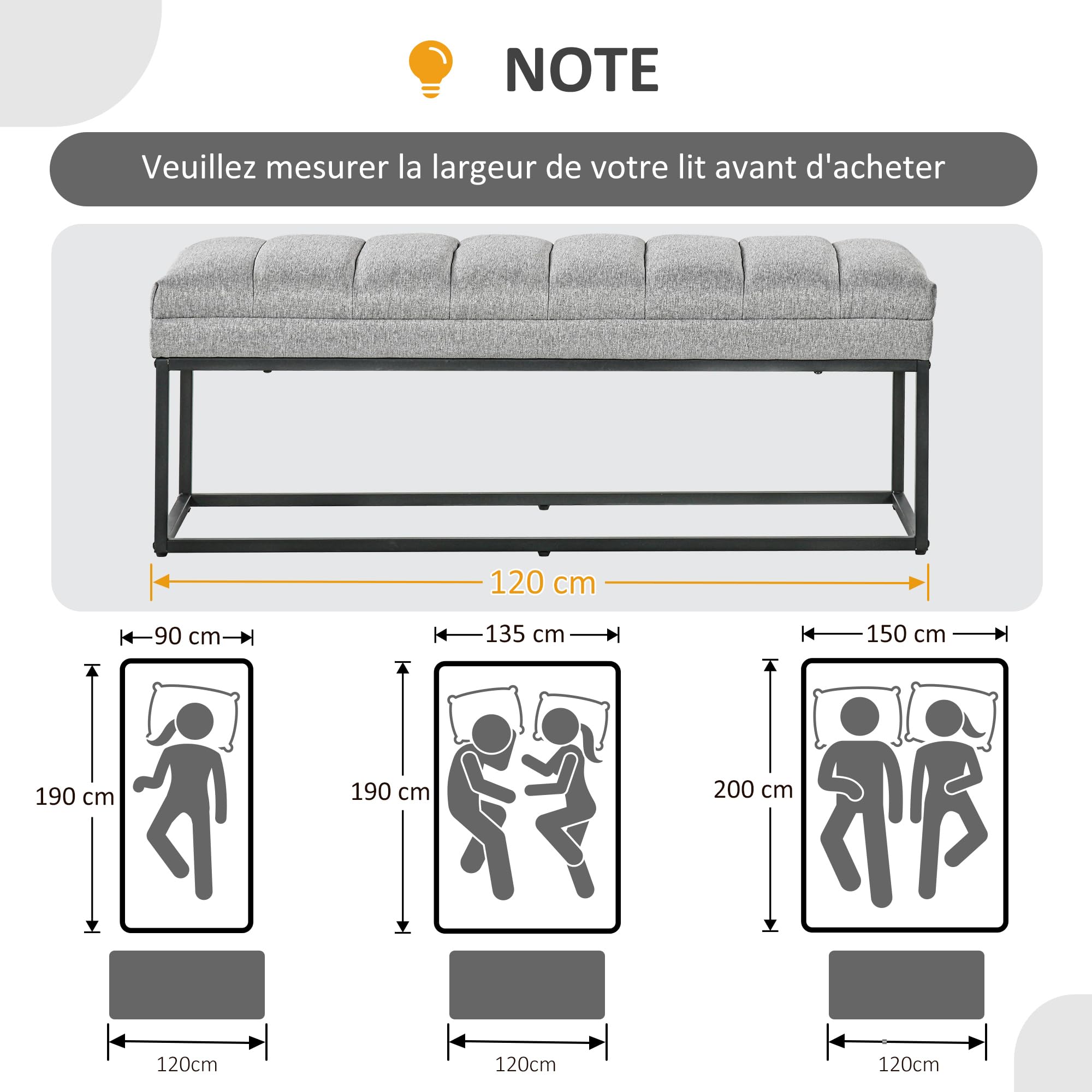 HOMCOM Banc Banquette Moderne Bout de lit rembourré en Tissu Aspect Lin et Structure en Acier Noir, idéal pour entrée, Salon, Chambre, Charge 200 Kg, 120 x 44 x 45,5 cm, Gris