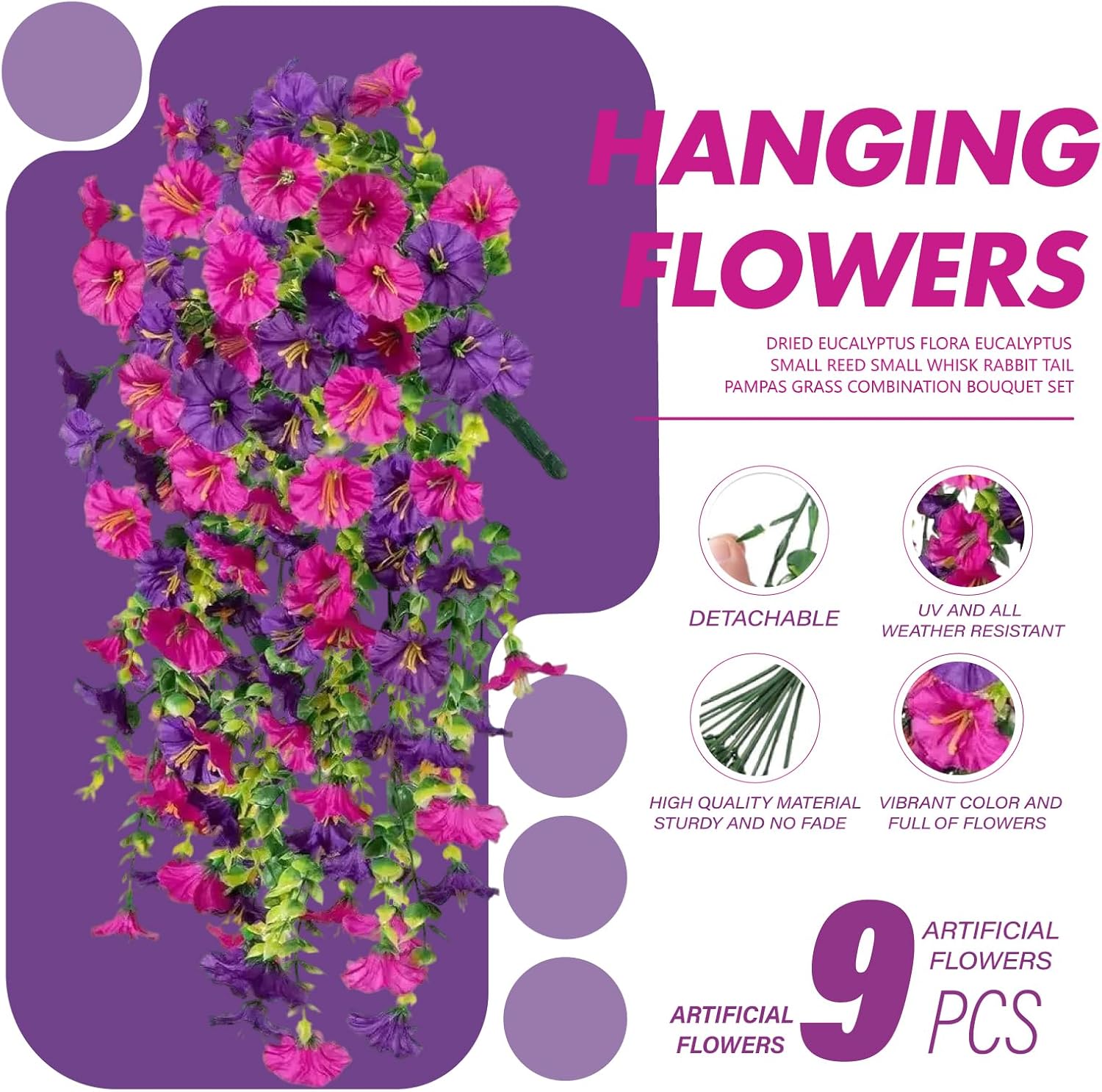 9PCS Artificial Morning Glory Vine with Eucalyptus – 30" Hanging Fake Flowers for Outdoor Decor, UV Resistant Silk Garland for Wall, Garden, Fence, Basket (Purple & Red 9Pcs) - Image 3