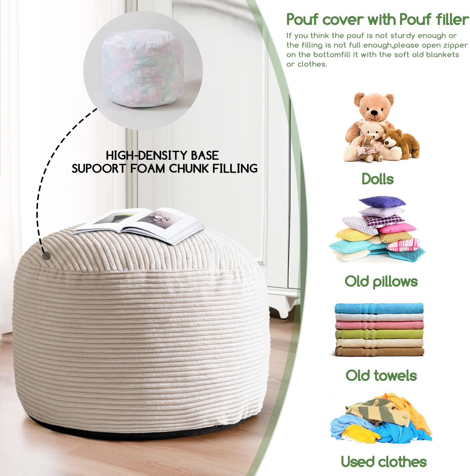 HIGOGOGO Round Stuffed Pouf Ottoman, Corduroy Poufs with Foam Chunk Filling, Furry and Fluffy Pouf Foot Stool Storage Ottoman, 26 X 18 Floor Poufs Foot Rest for Living Room, Beige