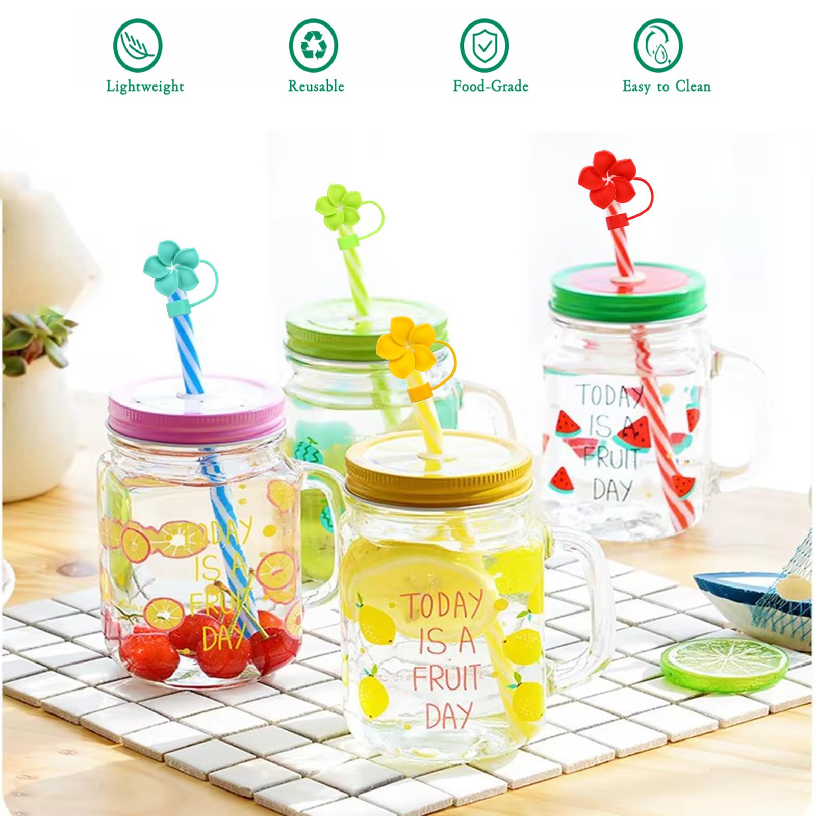 Paquete de 13 tapas de paja de flores para vasos, 10 mm, lindo polígono a prueba de polvo para botellas de agua, vasos Stanley, accesorios, regalos para mujeres, recuerdos de fiesta