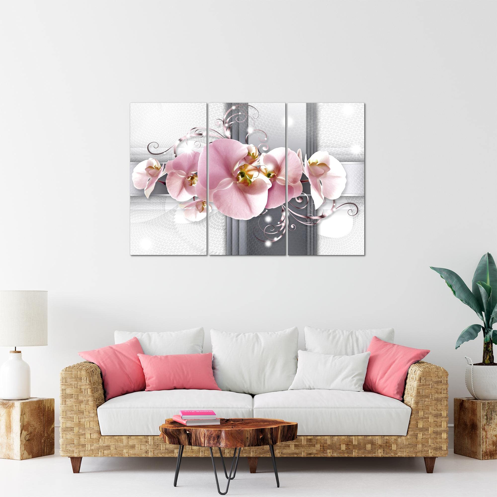 Runa Art Quadro Murale Tela Non Tessuta 5 Pezzi - Orchidee Astratte Rosa E Grigio, 008353b, Per Camera Da Letto E Corridoio
