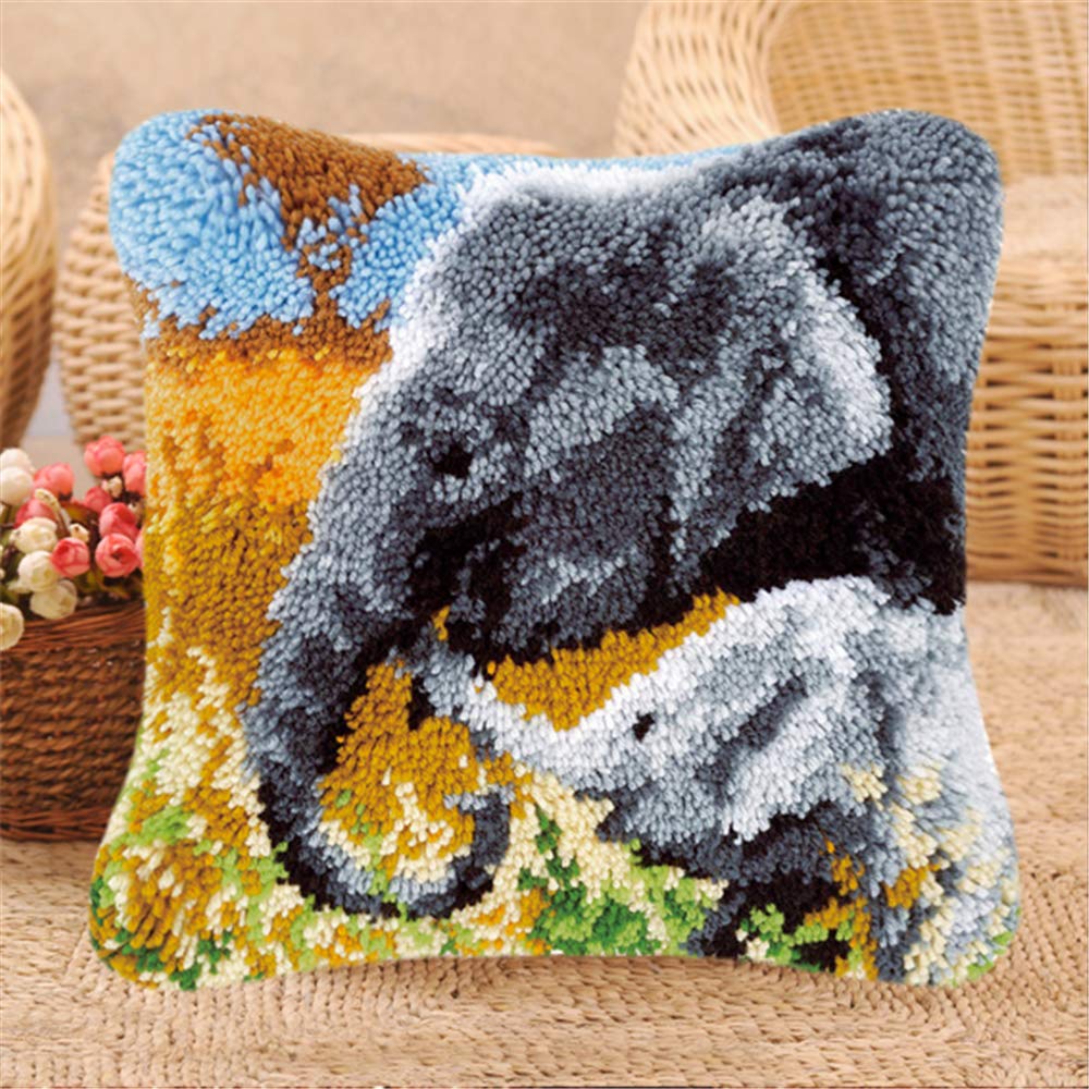 LAPATAIN Latch Hook Kits for DIY Throw Pillow Cover,Needlework Cushion Cover Hand Craft Crochet for Great Family 17X17inch Two Elephants(Grey and White)