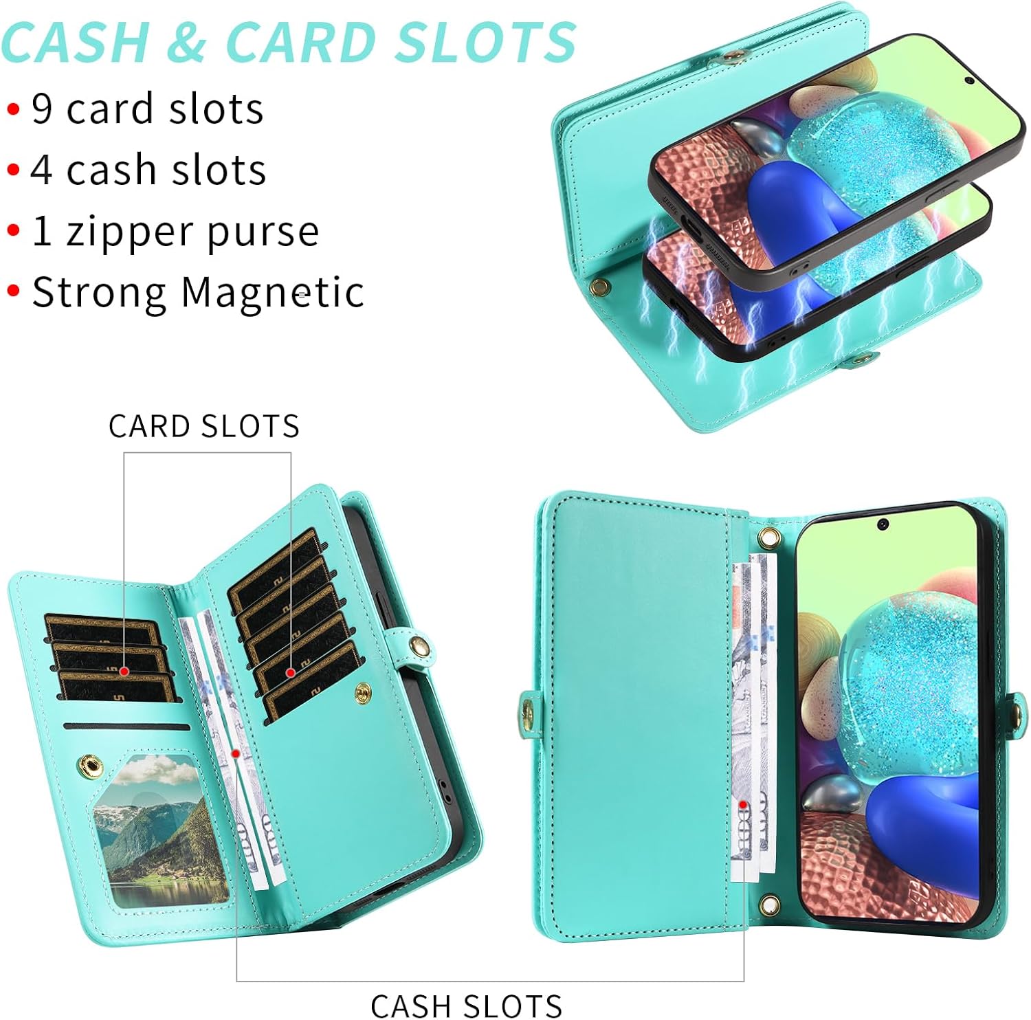 Asuwish Phone Case for Samsung Galaxy A71 5G Zipper Wallet Detachable Magnetic Cell Cover with Tempered Glass Screen Protector Crossbody Strap Bling Flip Credit Card Holder A 71 G5 71A S71 Women Teal