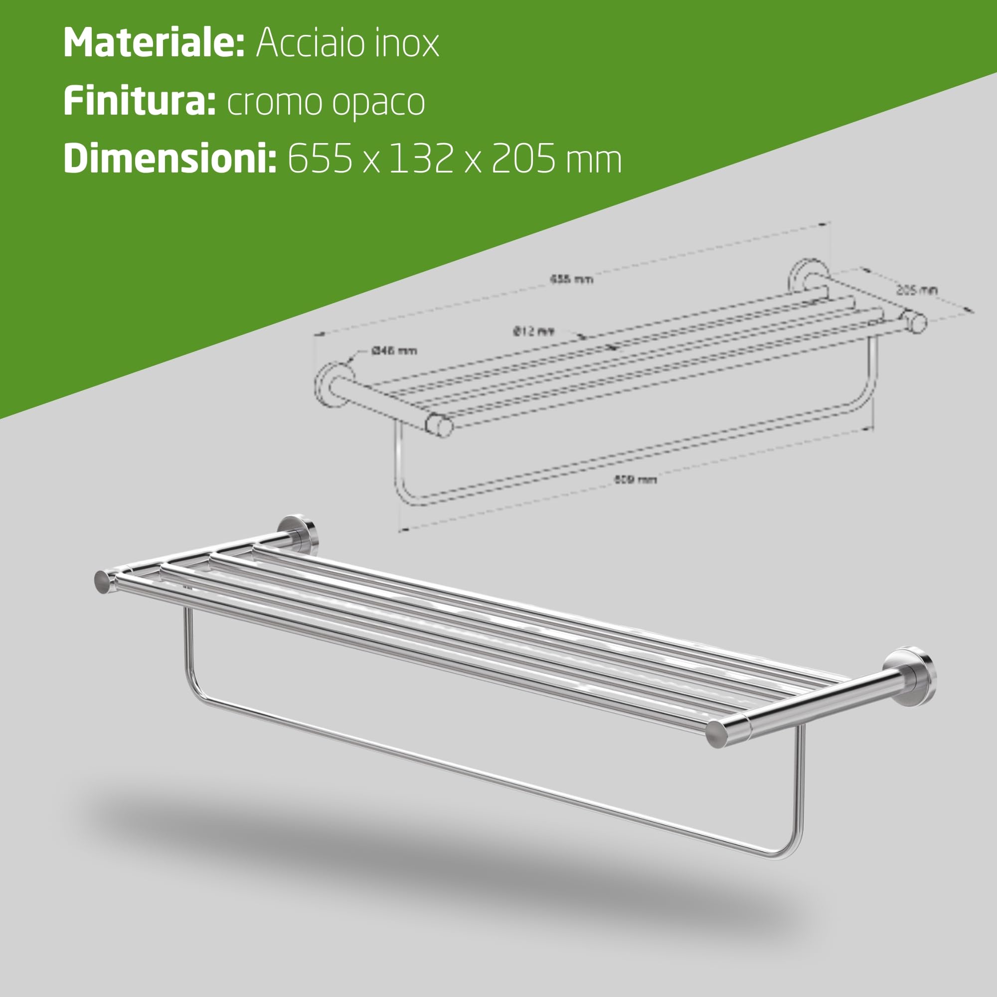 Amig - Portasciugamani da bagno a ripiano Mod. Gorliz-1 | Supporto da parete Con viti incluse | 655 x 132 x 205 mm | Acciaio inossidabile e Zamak | Argento | Cromo lucido