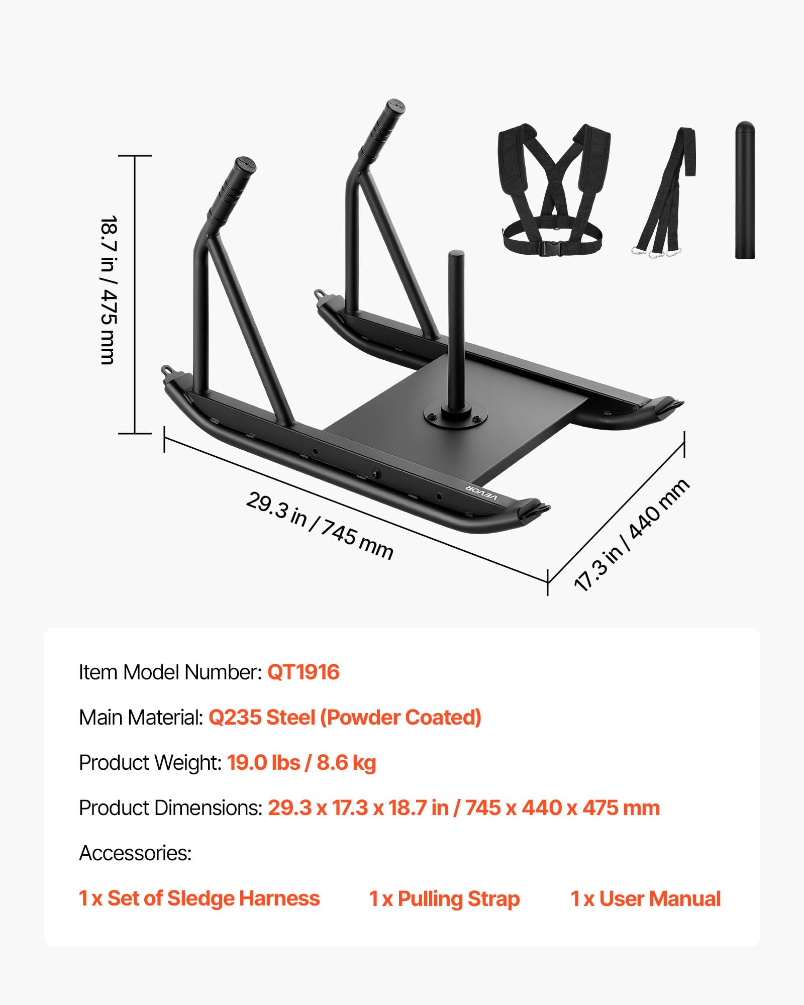 VEVOR Trineo de Pesas, Trineo de Entrenamiento de Fuerza para Mejorar la Velocidad en Ejercicios Atléticos, Equipo de Fitness con Asa, Compatible con Discos de Pesas 25/51 mm, 745 x 440 x 475 mm