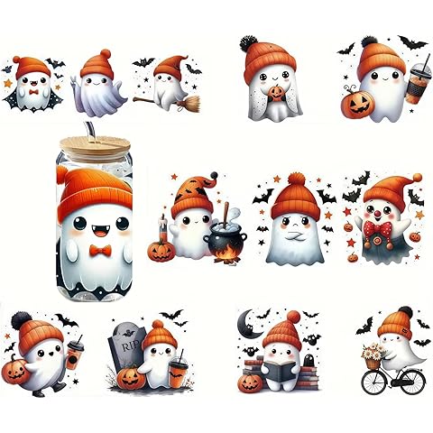 5pcs Halloween Ghost UV DTF Cup Wraps Winter UV DTF Transfer Waterproof Sticker for Glass Cups Furniture Craft DIY Crafts,Rub on Transfer Stickers for DIY Water Bottle Laptop Decal Wood Car