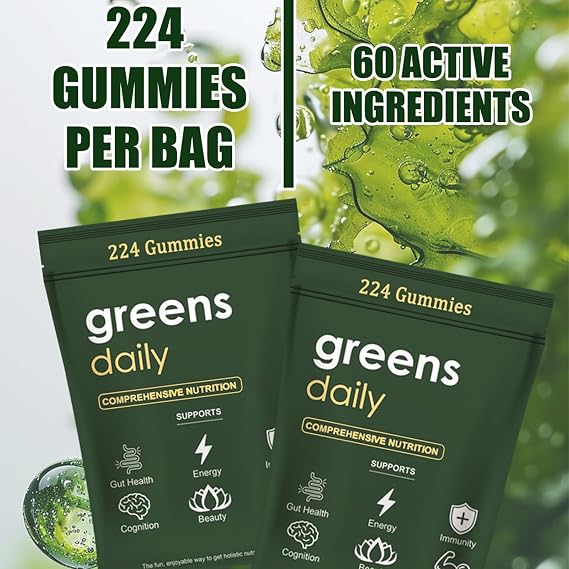 Greens Gummies - Organic Chlorella and Spirulina, Digestive & Gut Health, Formulated with 60+ Ingredients, Multi-Vitamins & Minerals, Daily Gummies, 224 Gummies Bear