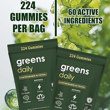 Greens Gummies - Organic Chlorella and Spirulina, Digestive & Gut Health, Formulated with 60+ Ingredients, Multi-Vitamins & Minerals, Daily Gummies, 224 Gummies Bear