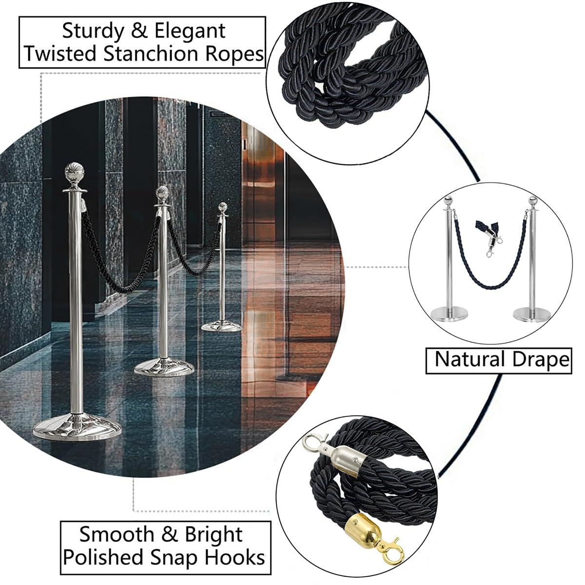 Lot de 4 cordes torsadées en nylon noir de 3,4 m avec crochets polis – Barrières de contrôle de la foule durables pour événements, festivals et gestion des files d'attente