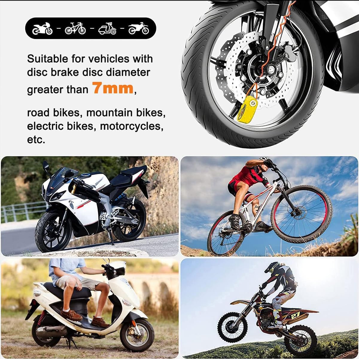 Bloccadisco Moto Lucchetto Moto Antifurto per Piaggio Vespa GTS GTV 250 300, Lucchetto Antifurto Impermeabile con Allarme Sonoro 130db, Blocca Disco Moto e Scooter,Black