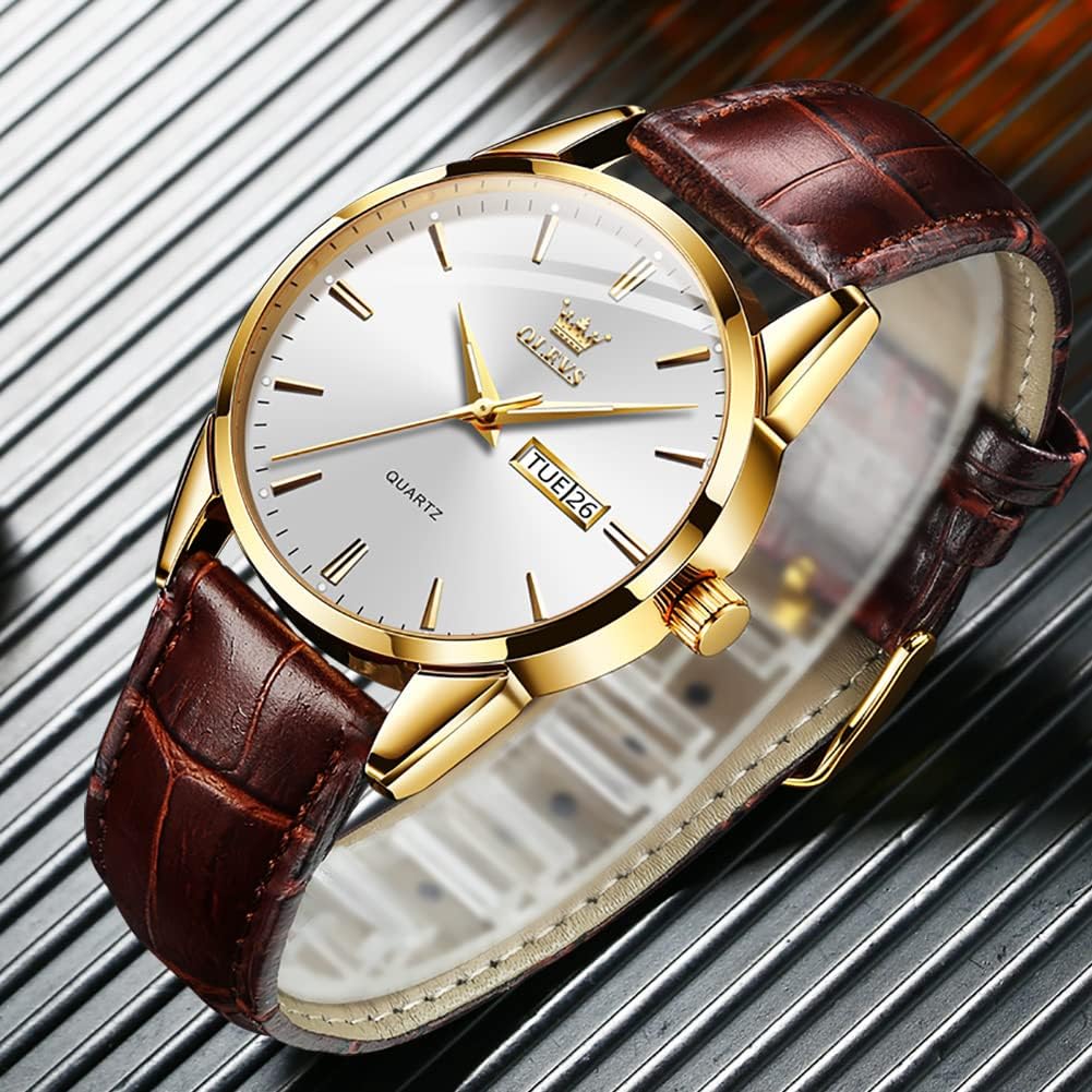 OLEVS Watches for Men Brown Leather Gold Case Analog Quartz Fashion Business Dress Watch Day Date Luminous Waterproof Casual Male Wrist Watches - Image 8