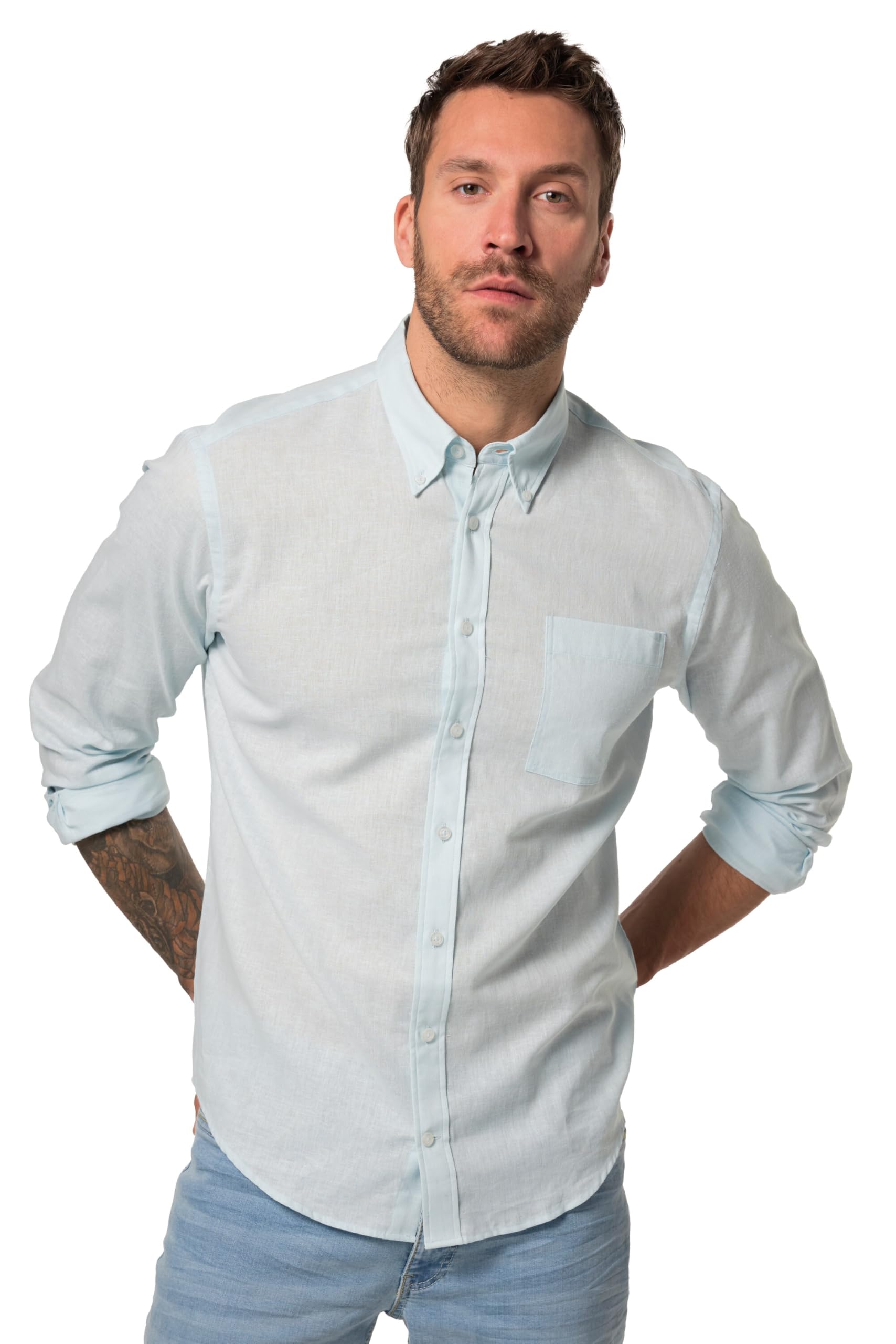JP 1880 Men's Large Sizes Plus Size Menswear L-8XL Linen Blend Shirt Long Sleeve Buttondown Collar Modern Fit 782629