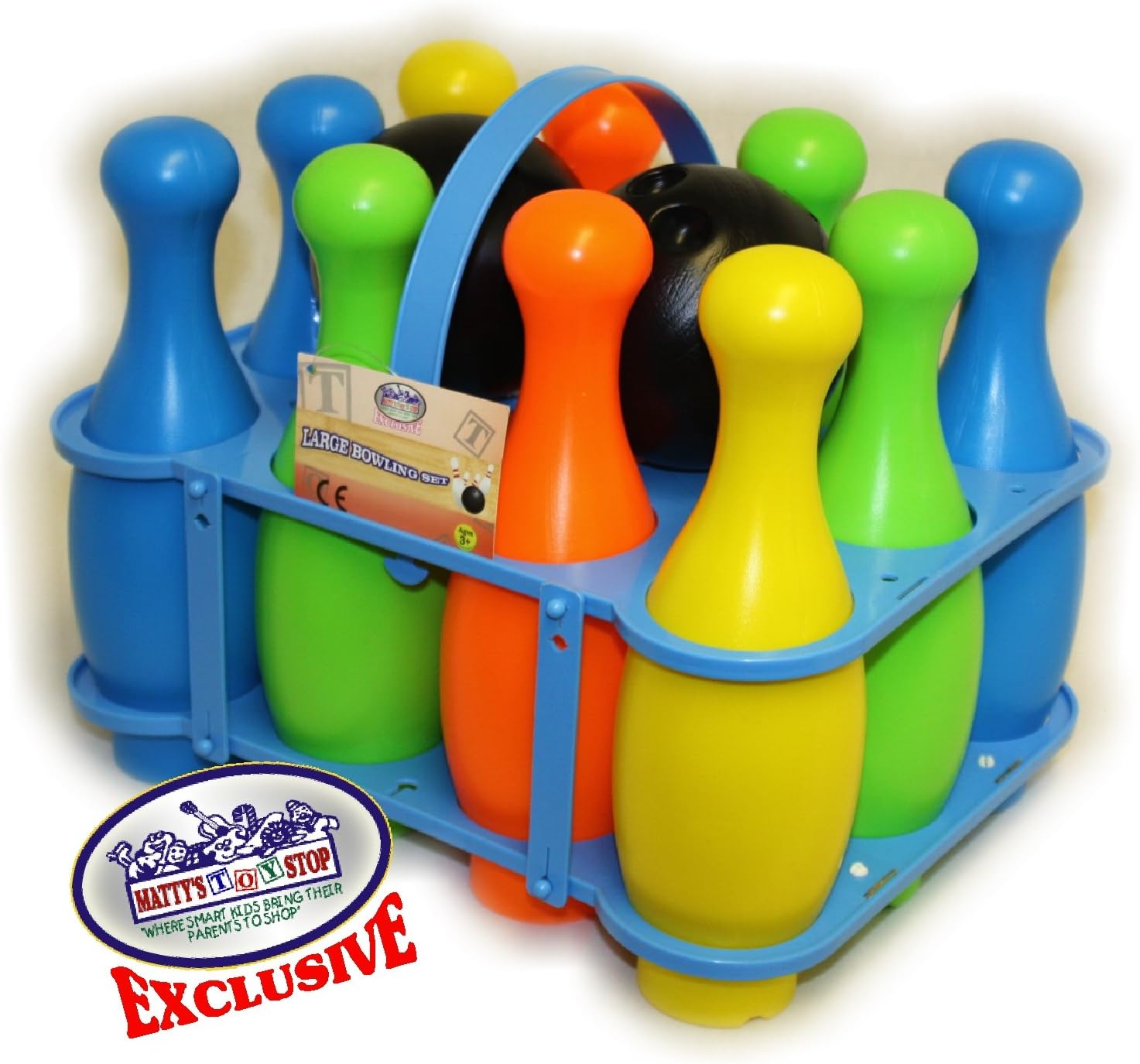 Matty's Toy Stop 10 Pin Multi-Color Deluxe Plastic Bowling Set for Kids with Storage Rack - 12 Pieces Total (10 Pins & 2 Bowling Balls)