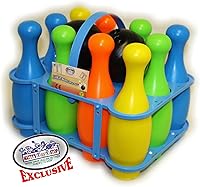 Vista 5 de Matty's Toy Stop 10 Pin Multi-Color Juego de bolos de plástico de lujo para los niños con el estante de almacenamiento, 12 Piezas Total