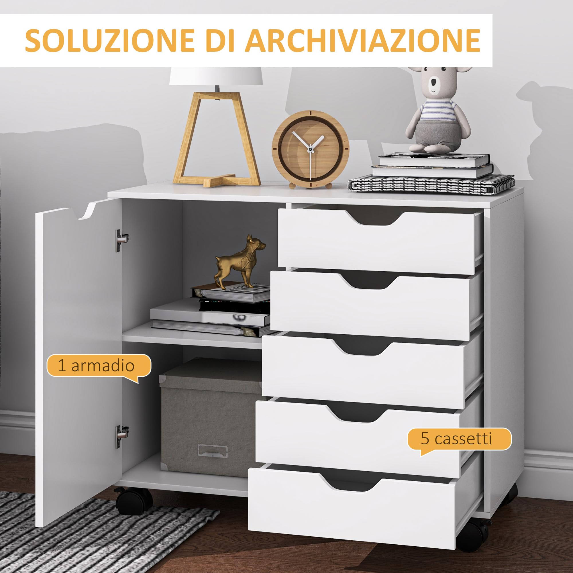 HOMCOM Armadietto per Documenti con 5 Cassetti, Armadio da Ufficio con Ripiano Regolabile, Mobiletto Multiuso Portaoggetti con Ruote, per Casa Ufficio, 78x40x66.5 cm, Bianco